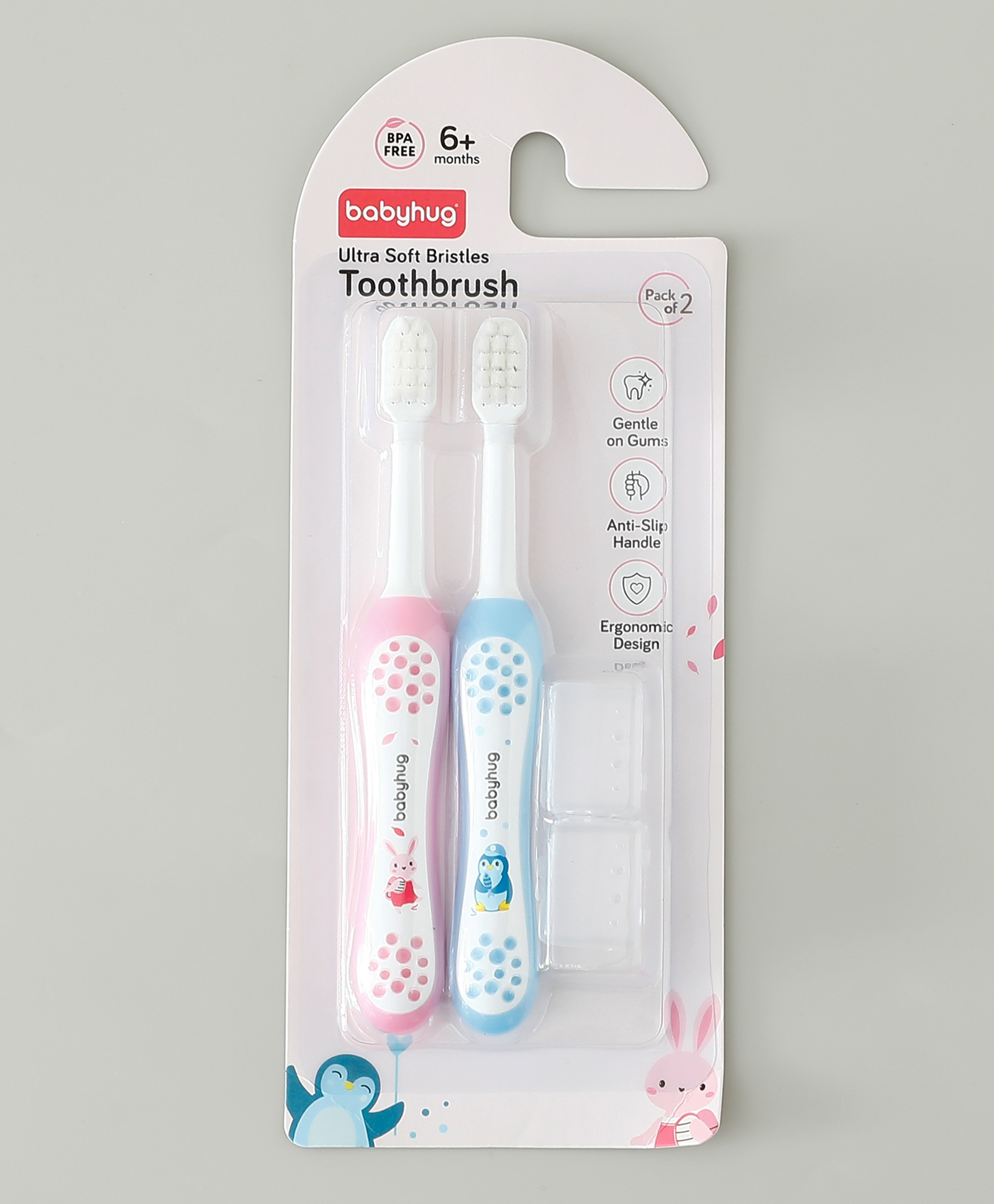 Babyhug Ultra Soft Bristles Kids Toothbrush Cute penguin & Rabbit Print Pack of 2 Pink & Blue| Anti-slip Handle| Gentle on Gums| Ideal Head Size| Encourages Self Brushing