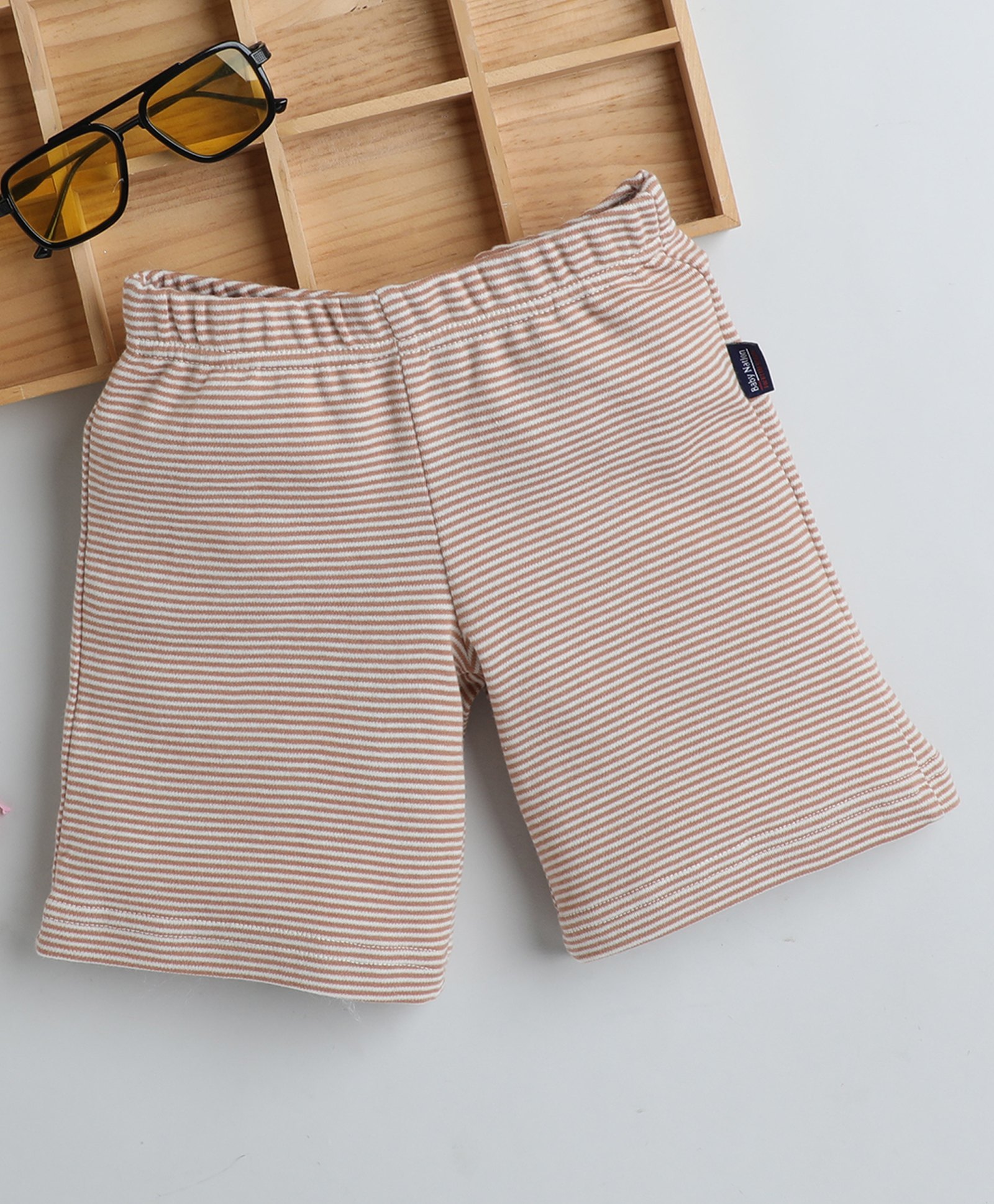 BABY NATION Cotton Striped Shorts - Brown-image-1