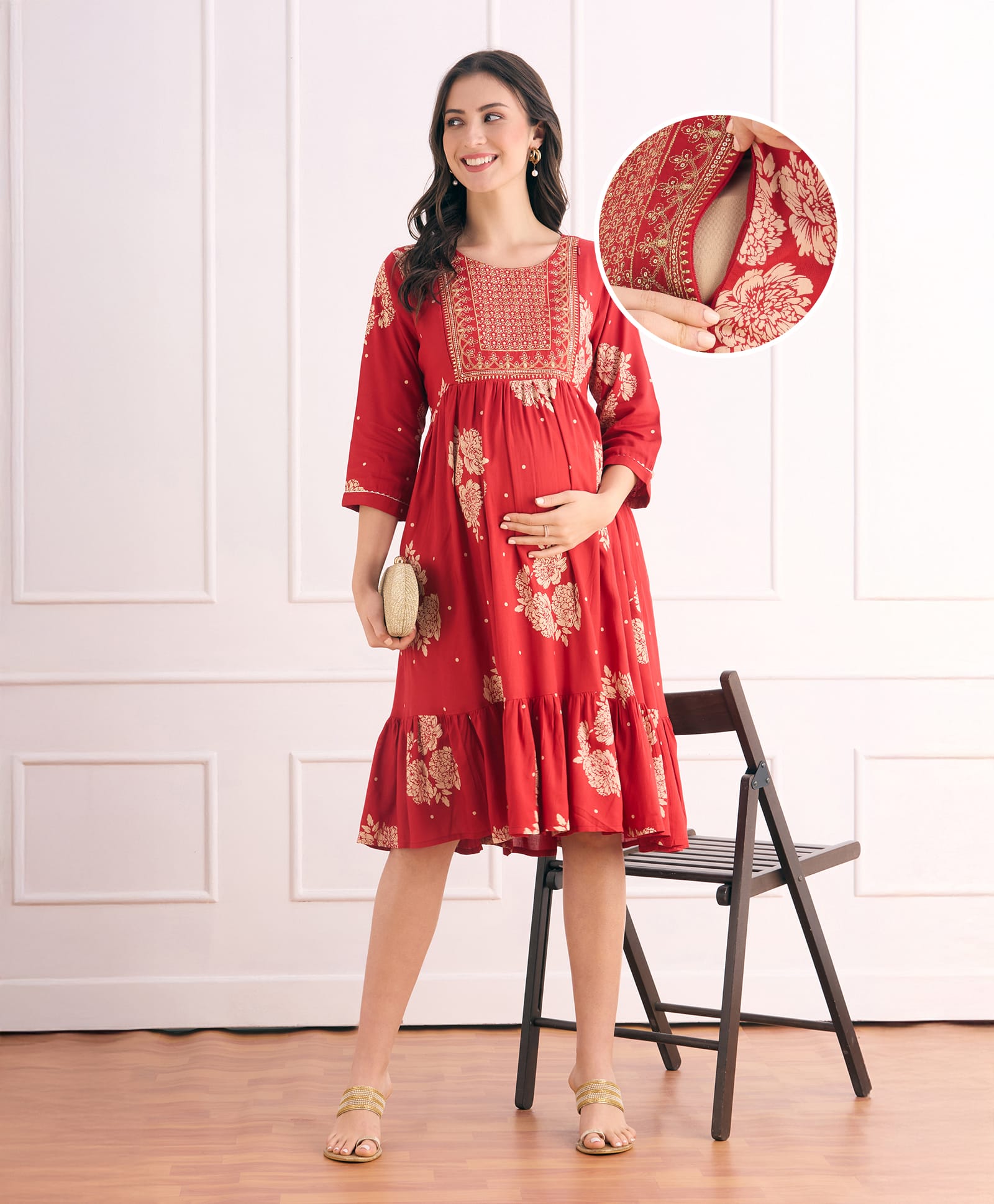 Bella Mama Viscose Woven Three Fourth Sleeves Maternity Dress with Floral Print & Embroidery on Neck - Dark Red-image-49