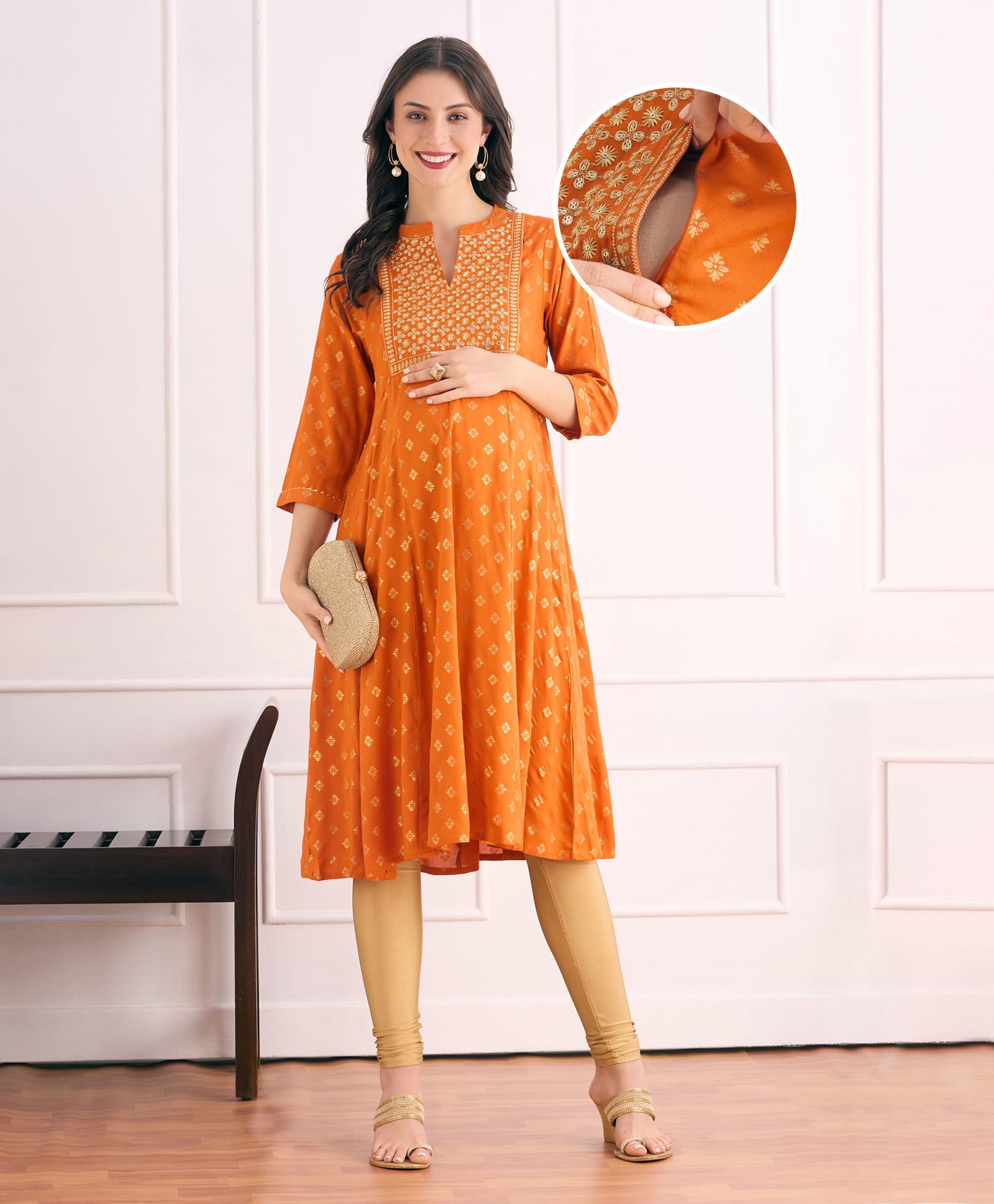 Bella Mama Viscose Woven Three Fourth Sleeves Ethnic Maternity Kurta with Embroidery & Glitter Print - Orange
