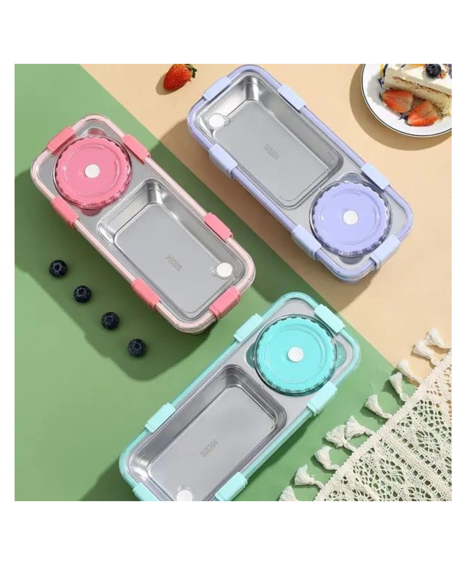 YAMAMA 2 Compartment Stainless Steel Bento Lunch Box Set, Leak-Proof Design for Office Adults And School Kids 600 ml (Pack of 1 - Color May Vary)