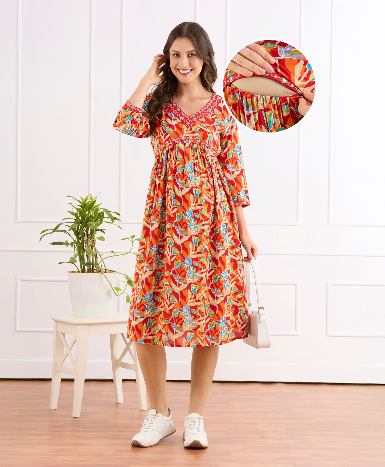 Bella Mama Viscose Woven Three Fourth Sleeves Embroidered Neck Maternity Dress with Floral Print - Orange