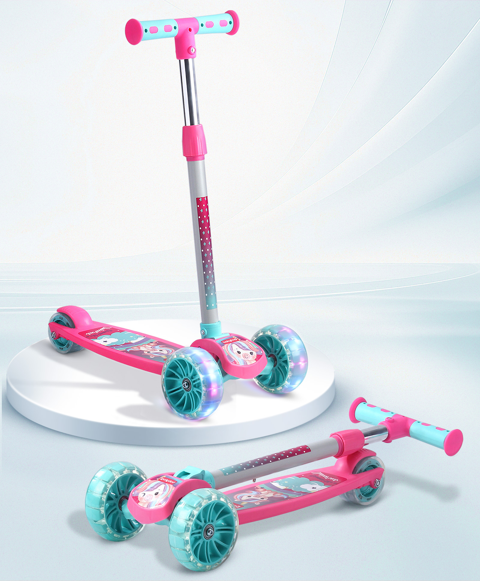 Babyhug 3 Wheel Foldable Kids Scooter With LED Light 4 Level Height Adjustment - Pink & Turquoise