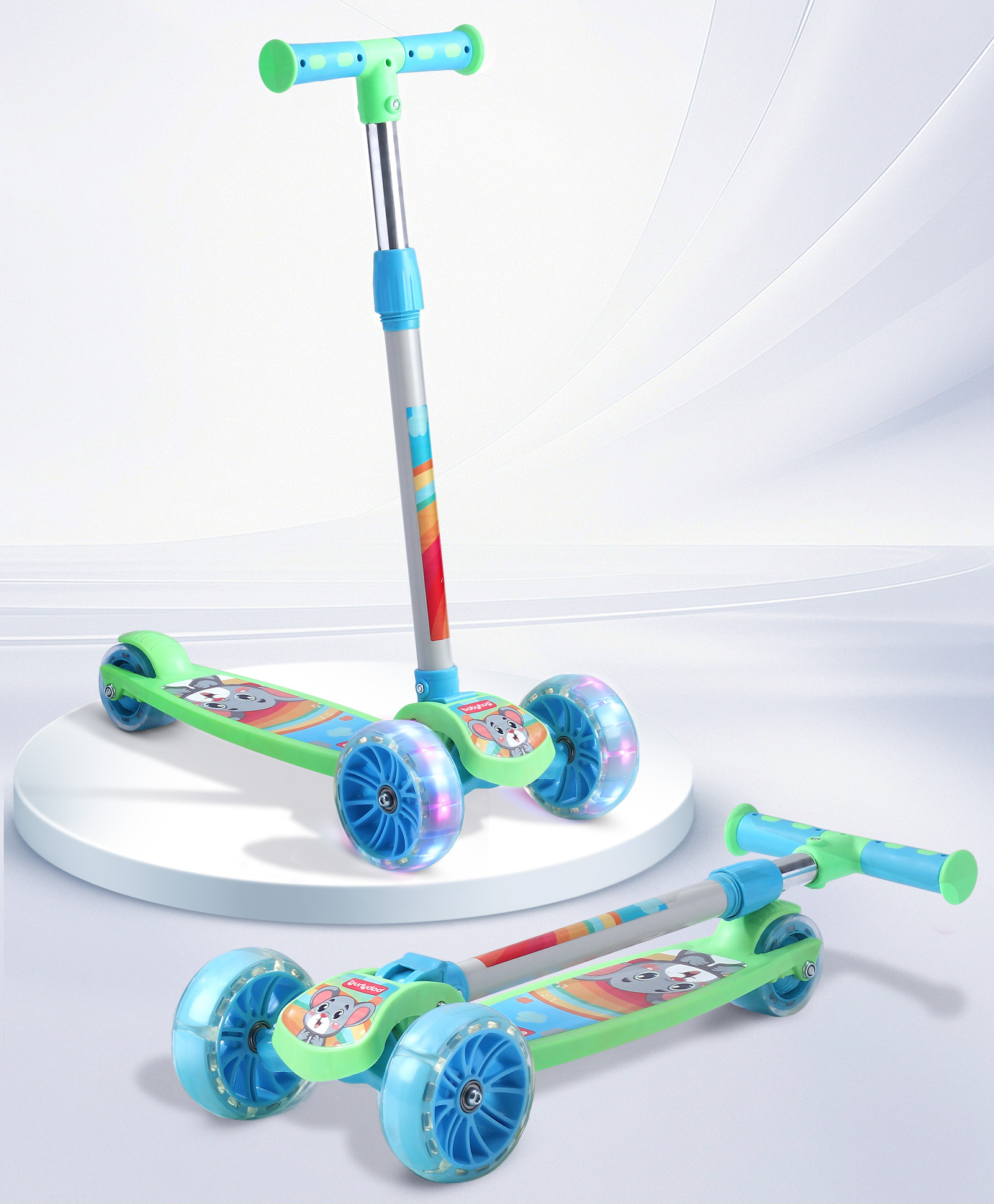 Babyhug 3 Wheel Foldable Kids Scooter With LED Light 4 Level Height Adjustment - Blue & Turquoise