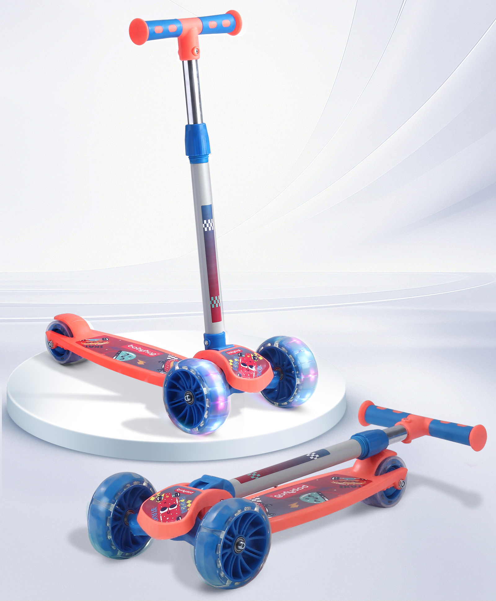 Babyhug 3 Wheel Foldable Kids Scooter With LED Light 4 Level Height Adjustment - Orange & Blue