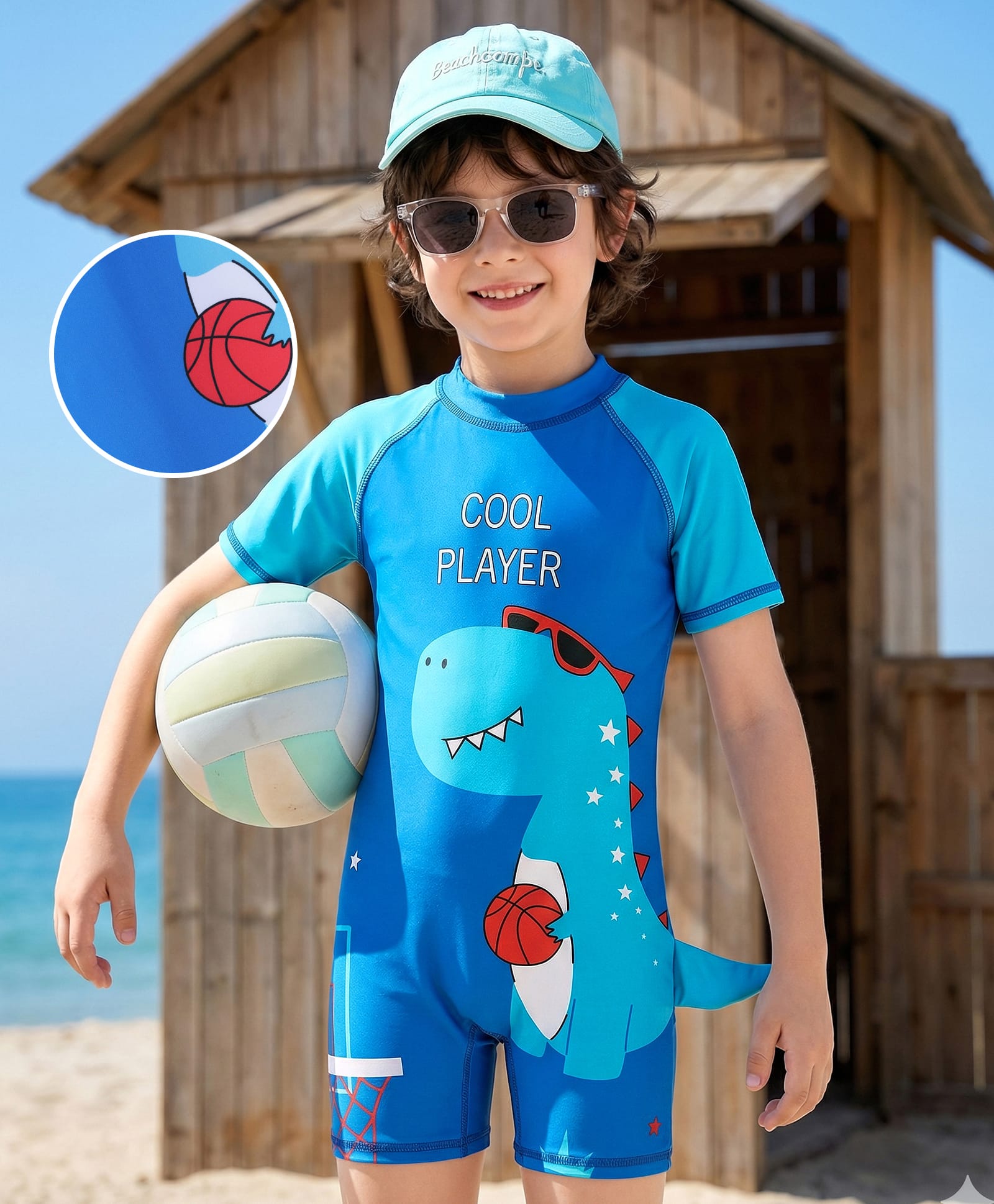 Rovars Half Raglan Sleeves Legged Swimming Bodysuit with Dino Print - Blue-image-36