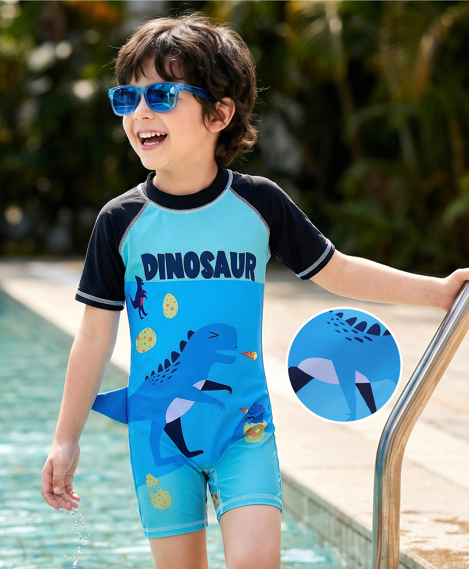 Rovars Half Raglan Sleeves Legged Swimsuit with Dino Print - Blue-image-34