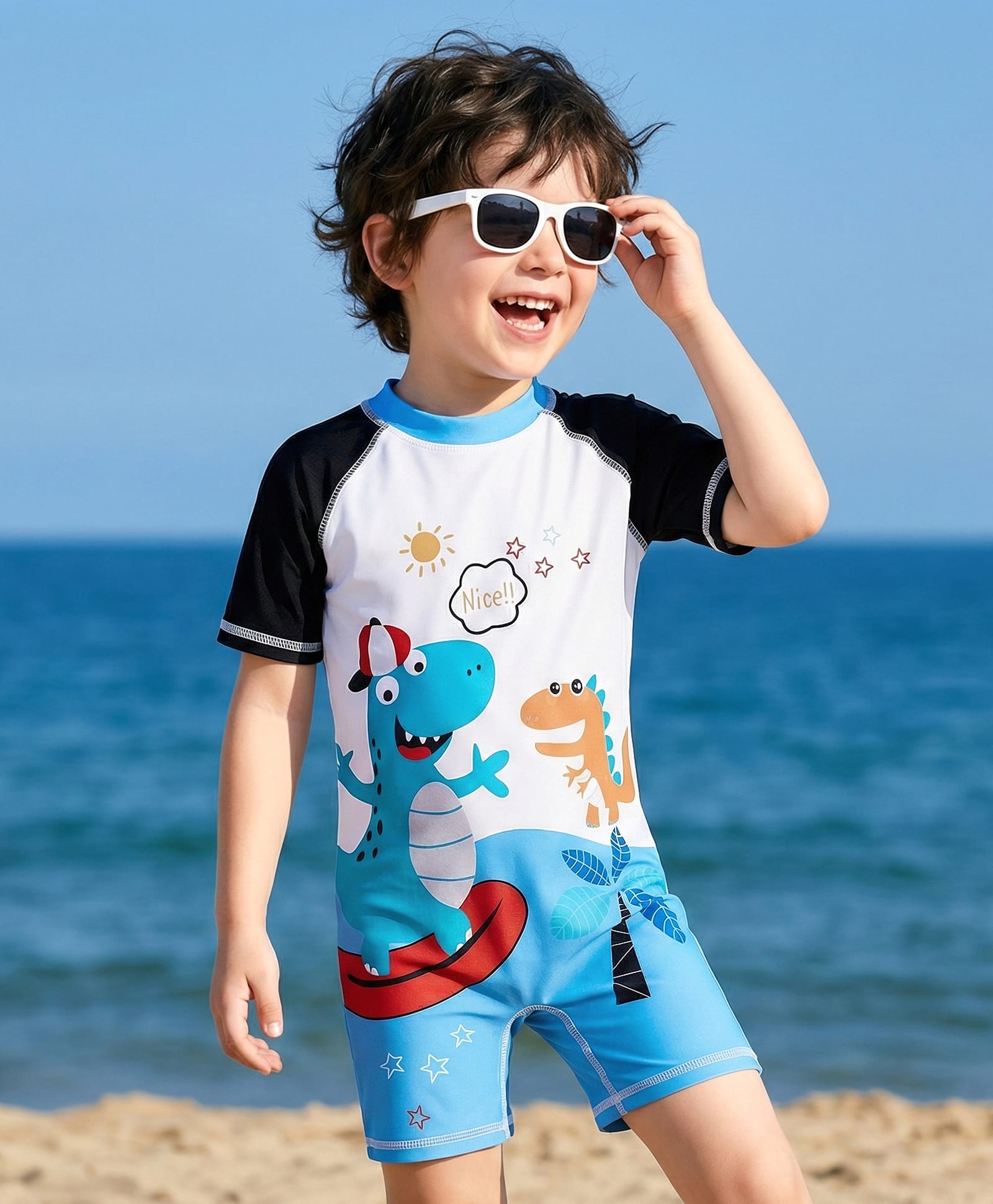 Rovars Half Raglan Sleeves Legged Swimsuit with Dino Print - White Blue & Black-picture-18