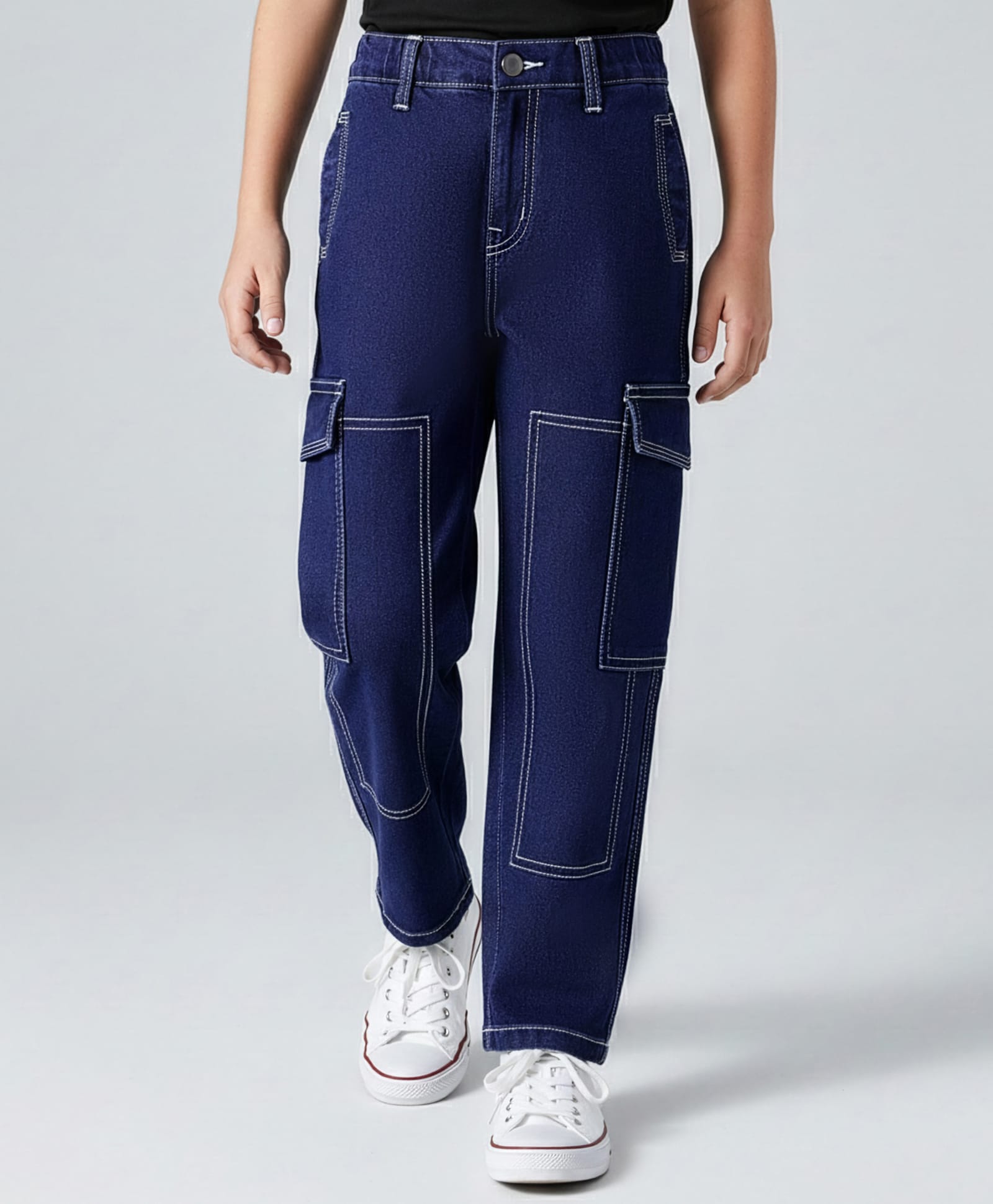 Primo Gino Woven Full Length Washed Wide Leg Jeans With Cargo Pockets - Navy Blue-picture-19