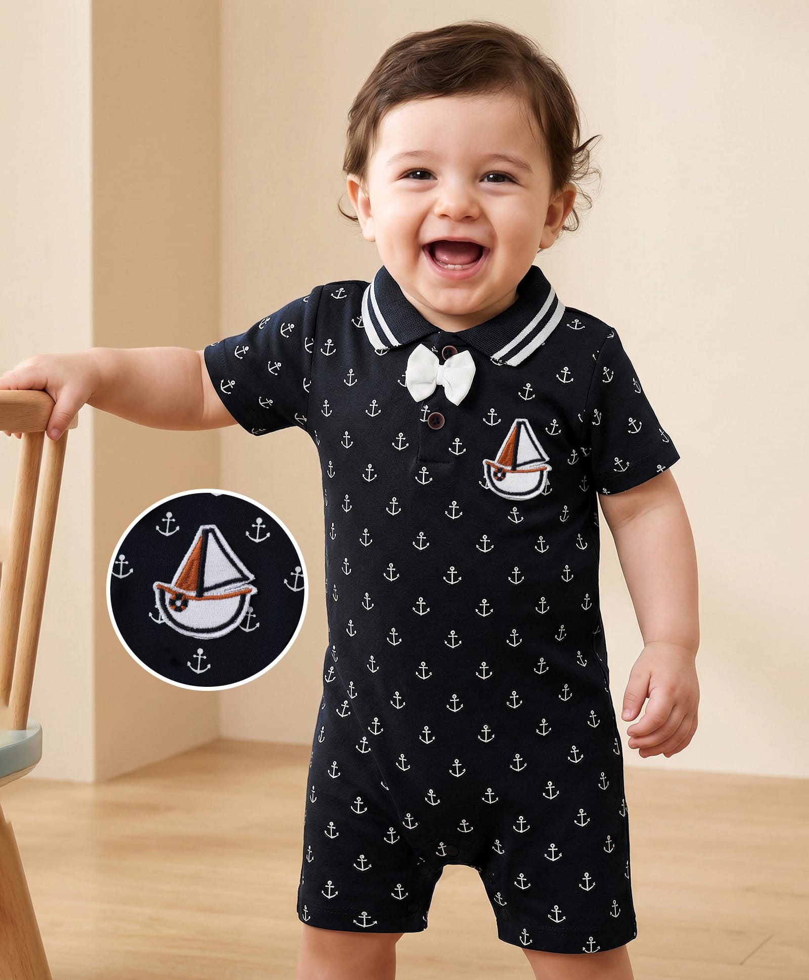 Mark & Mia Cotton Knit Half Sleeves Rompers with Yatch Embroidery Nautical Print & Bow Applique - Navy Blue-image-32