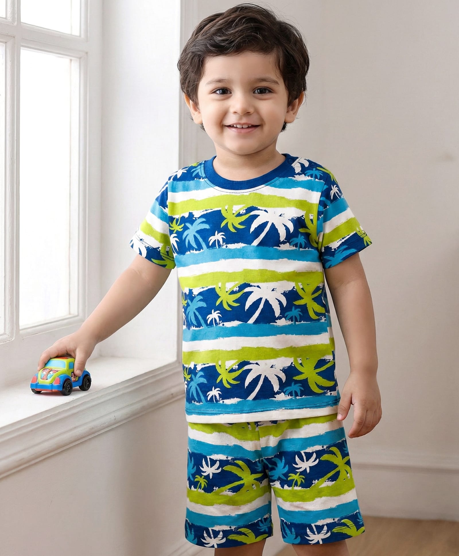 Babyhug Cotton Knit Half Sleeves Short Co-Ord Night Suit with Beach Theme Print - Green & Blue-image-24