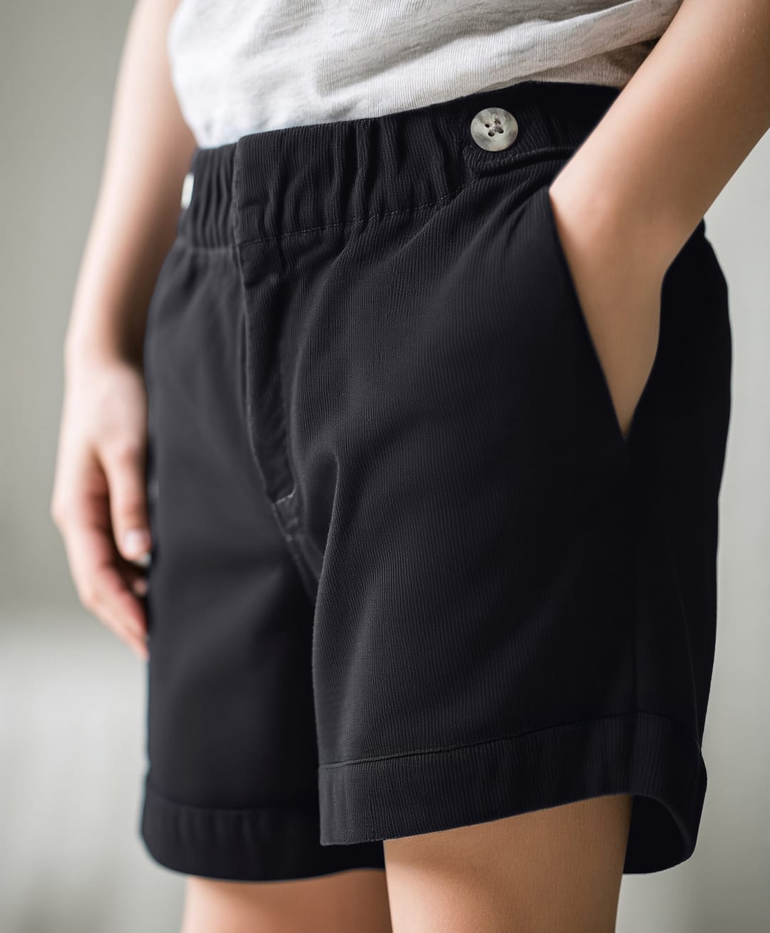 Bonfino Cotton Spandex Woven Solid Corduroy Shorts With Button Details On Waistband - Navy Blue-image-25