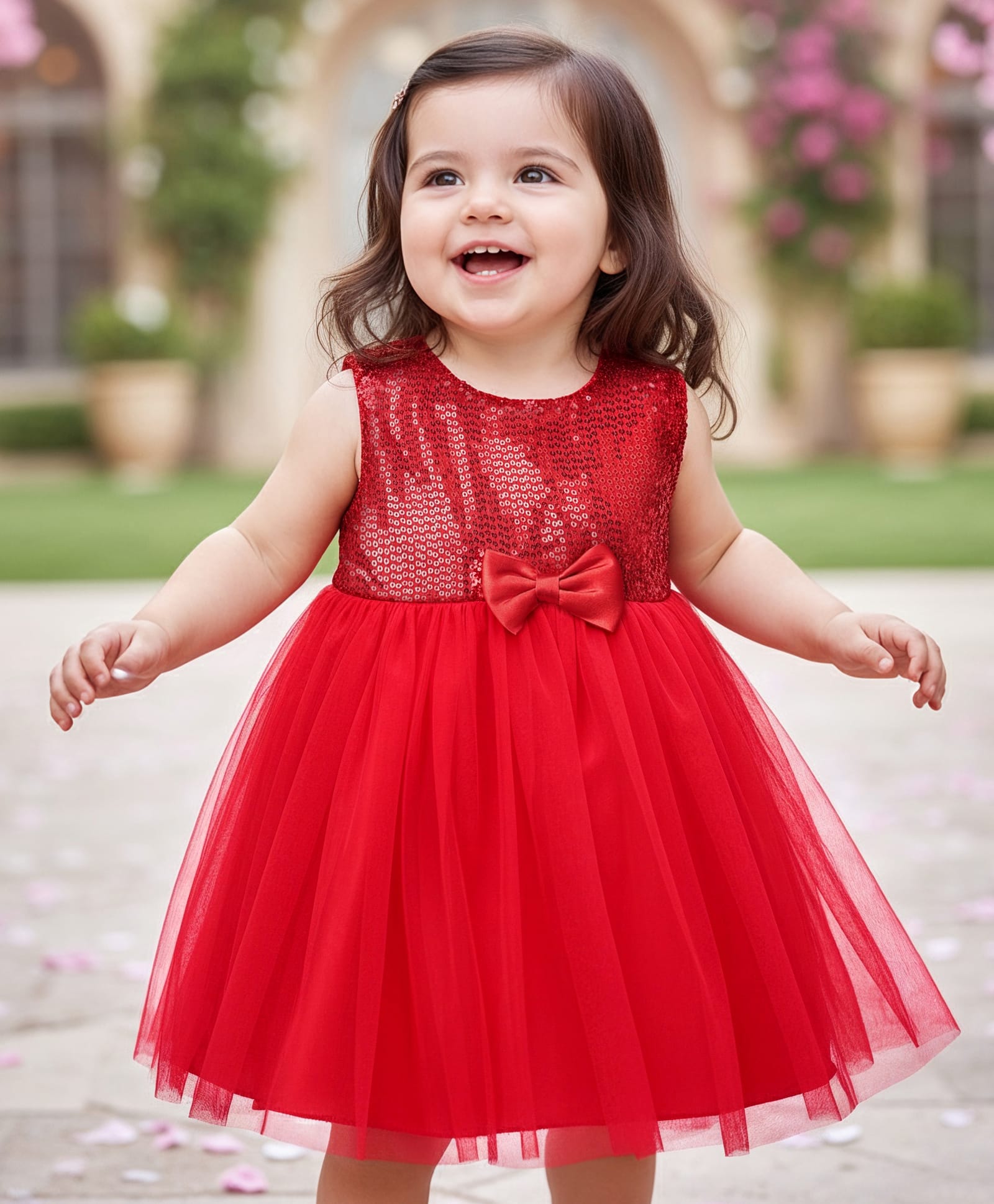 Babyhug Woven Sleeveless Party Dress With Sequin Mesh & Bow Applique - Red-picture-11