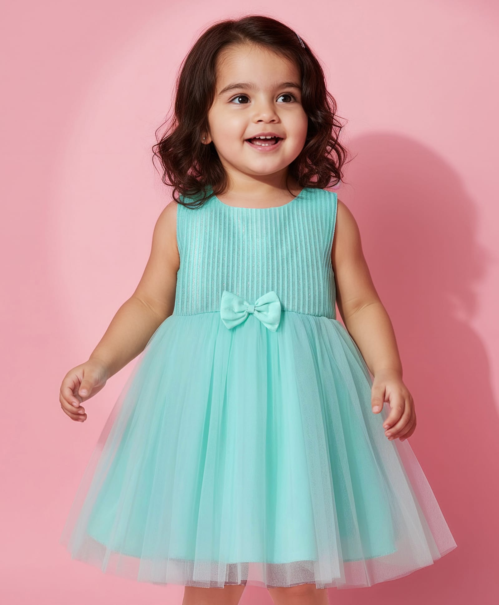 Babyhug Woven Sleeveless Mesh Party Dress With Glitter In Yoke & Bow Applique - Mint-picture-27