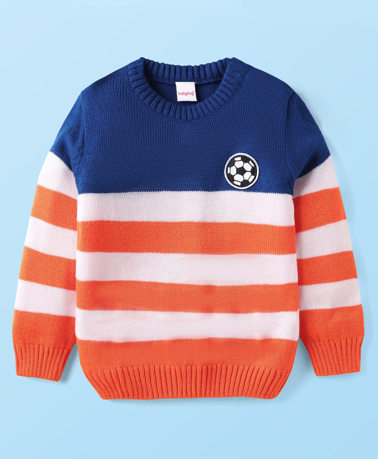 Babyhug Knit Full Sleeves Pullover Sweater Stripes Design & Ball Patch - Orange & Blue-image-49