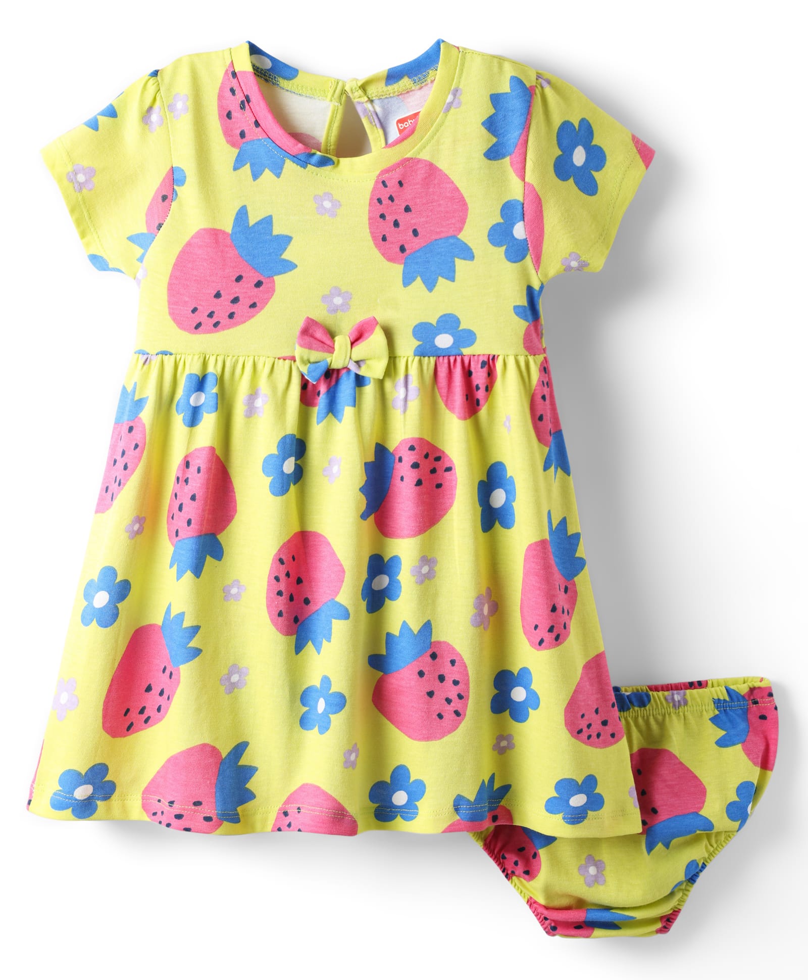 Babyhug Single Jersey Knit Half Sleeves Tropical Theme Printed Frock With Bloomers - Yellow-picture-12
