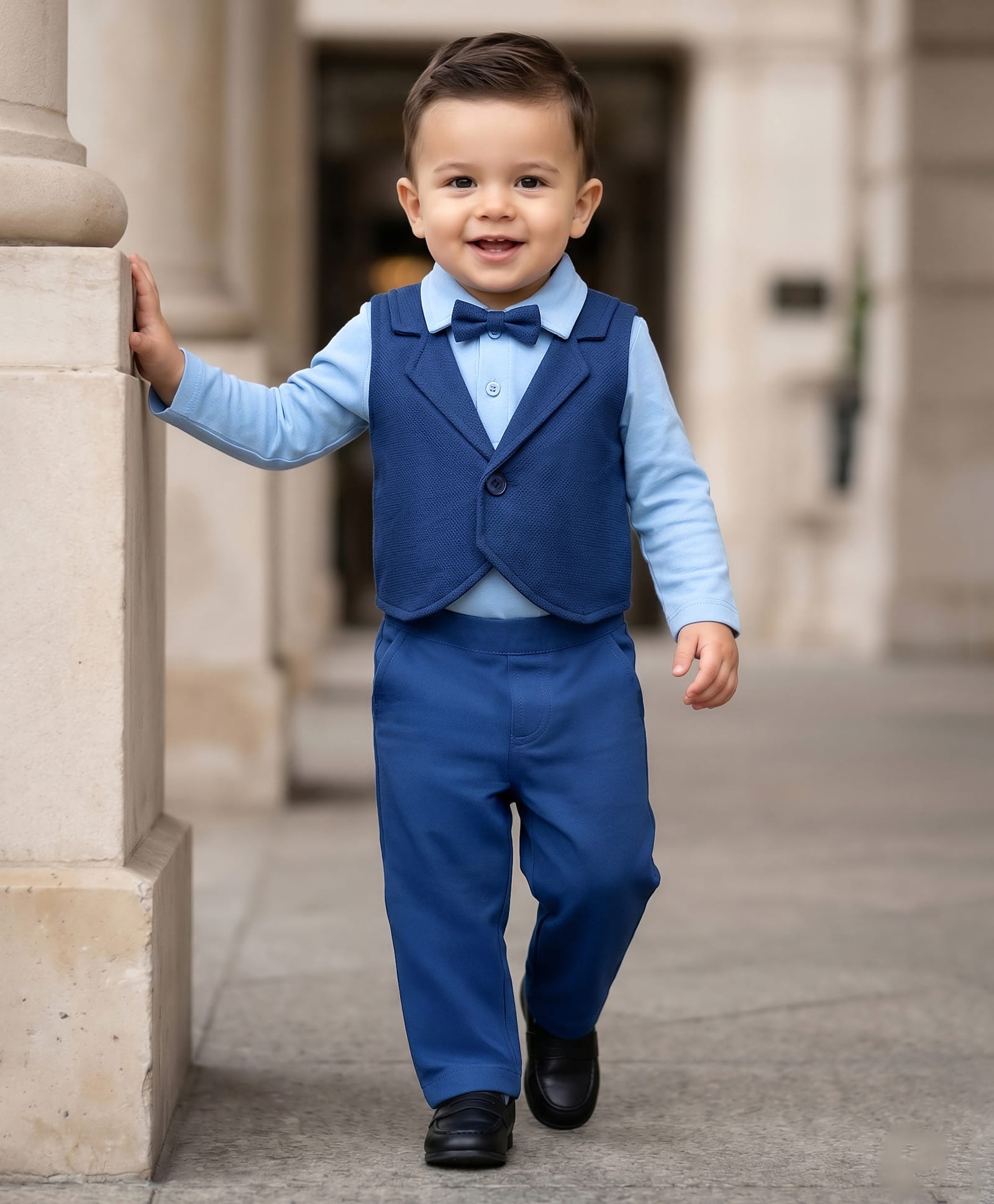 Babyhug Knit Full Sleeves Solid Color Shirt Attached Waistcoat & Trouser Set with Bow Applique - Navy Blue-image-19