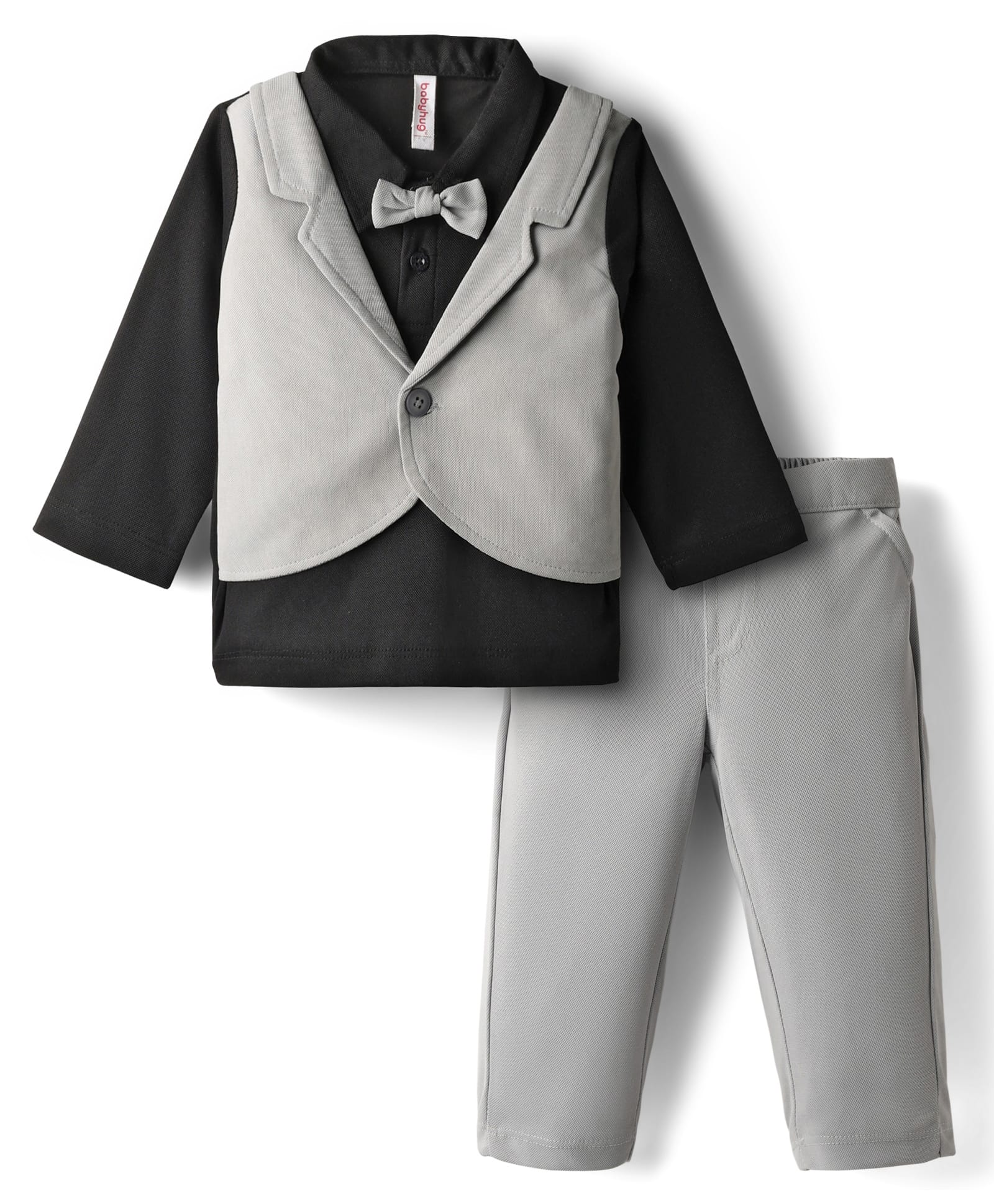 Babyhug Knit Full Sleeves Partywear Solid T-shirt & Pant Set with Attached Waistcoat & Bow Applique - Grey & Black-image-17