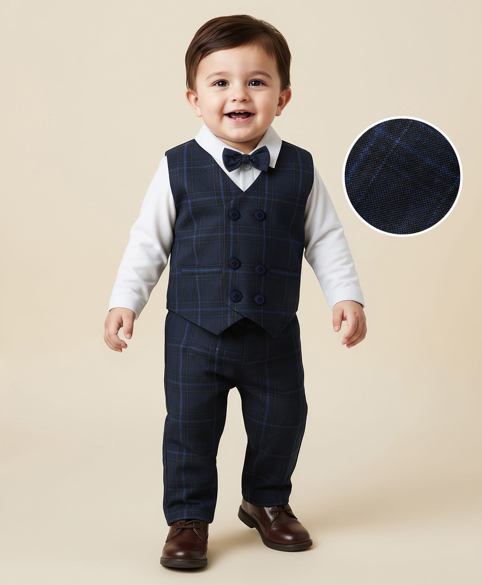 Babyhug Knit Full Sleeves Three Piece Party Suit with Checked Waistcoat & Bow Applique - White & Navy Blue-image-35