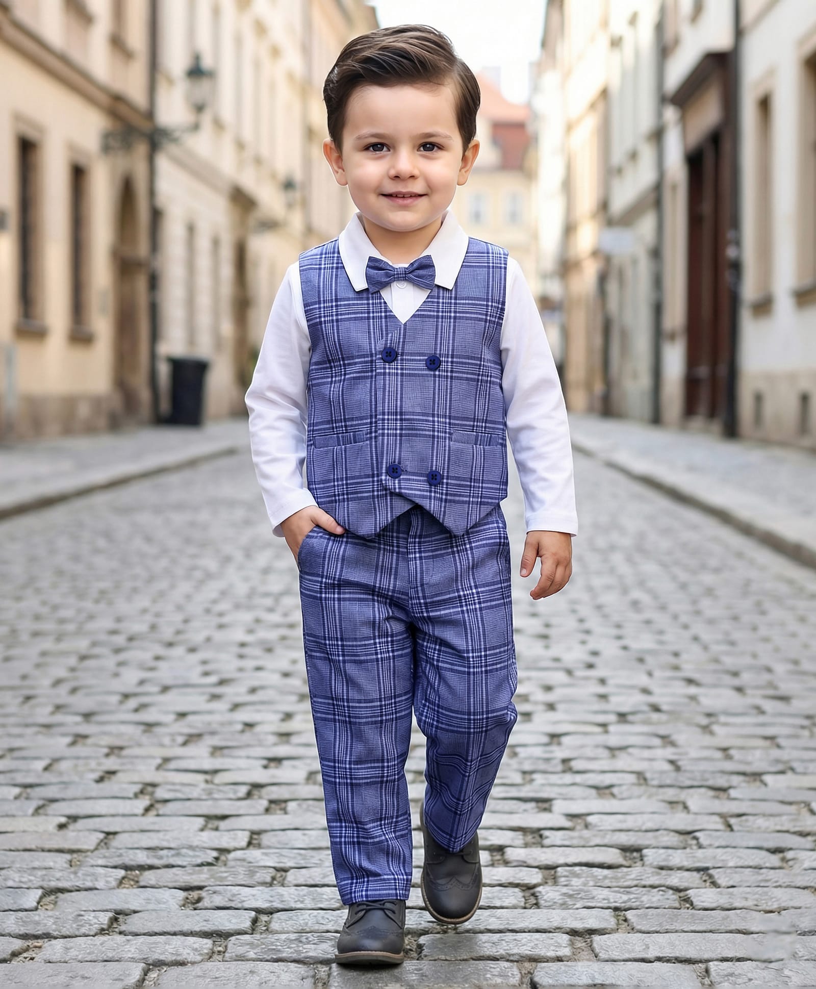 Babyhug Knit Full Sleeves Checks 3 Piece Party Suit With Bow Applique - Navy Blue & White-image-24