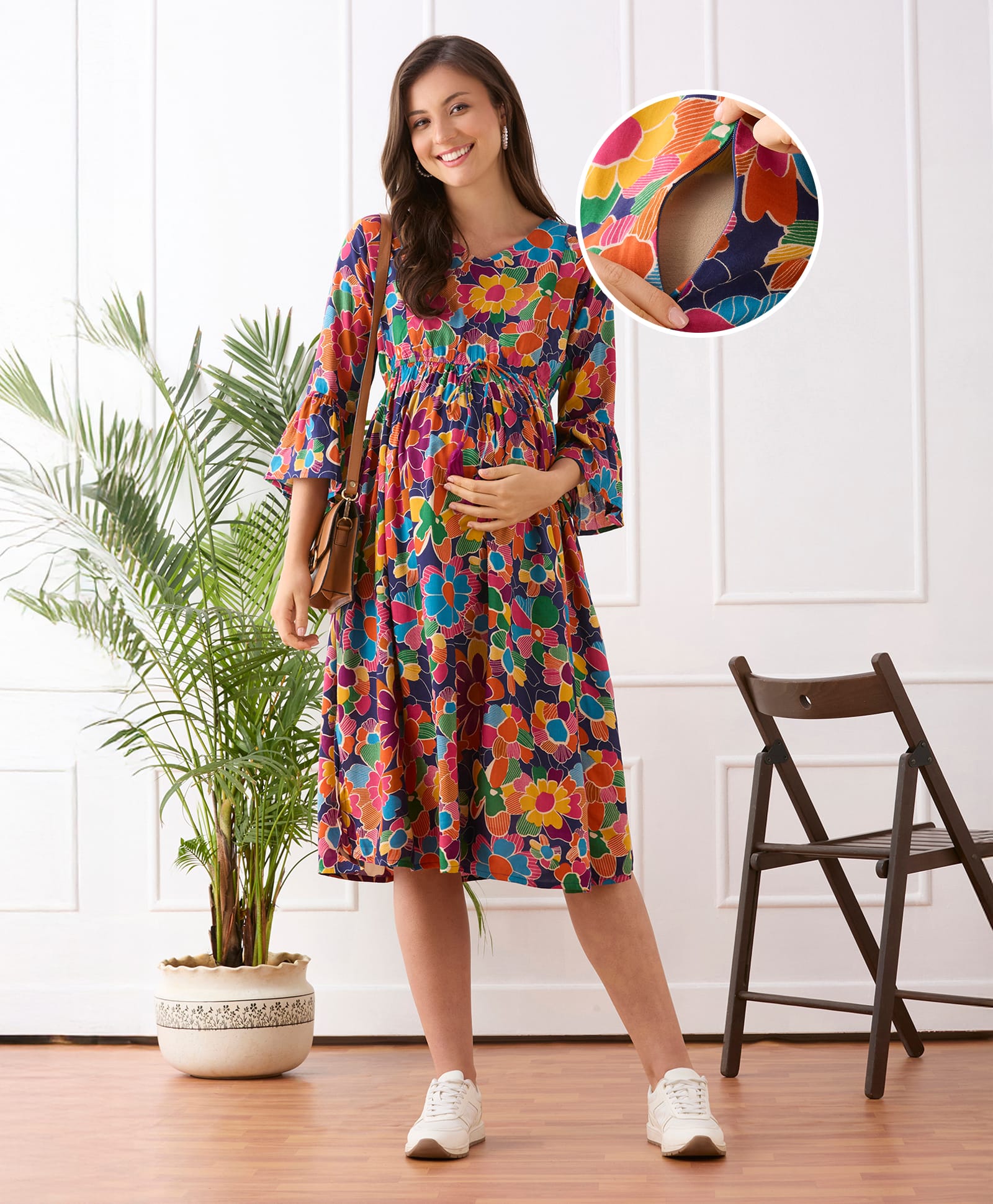 Bella Mama Woven Three Fourth Sleeves Maternity Dress With Floral Print - Navy Blue