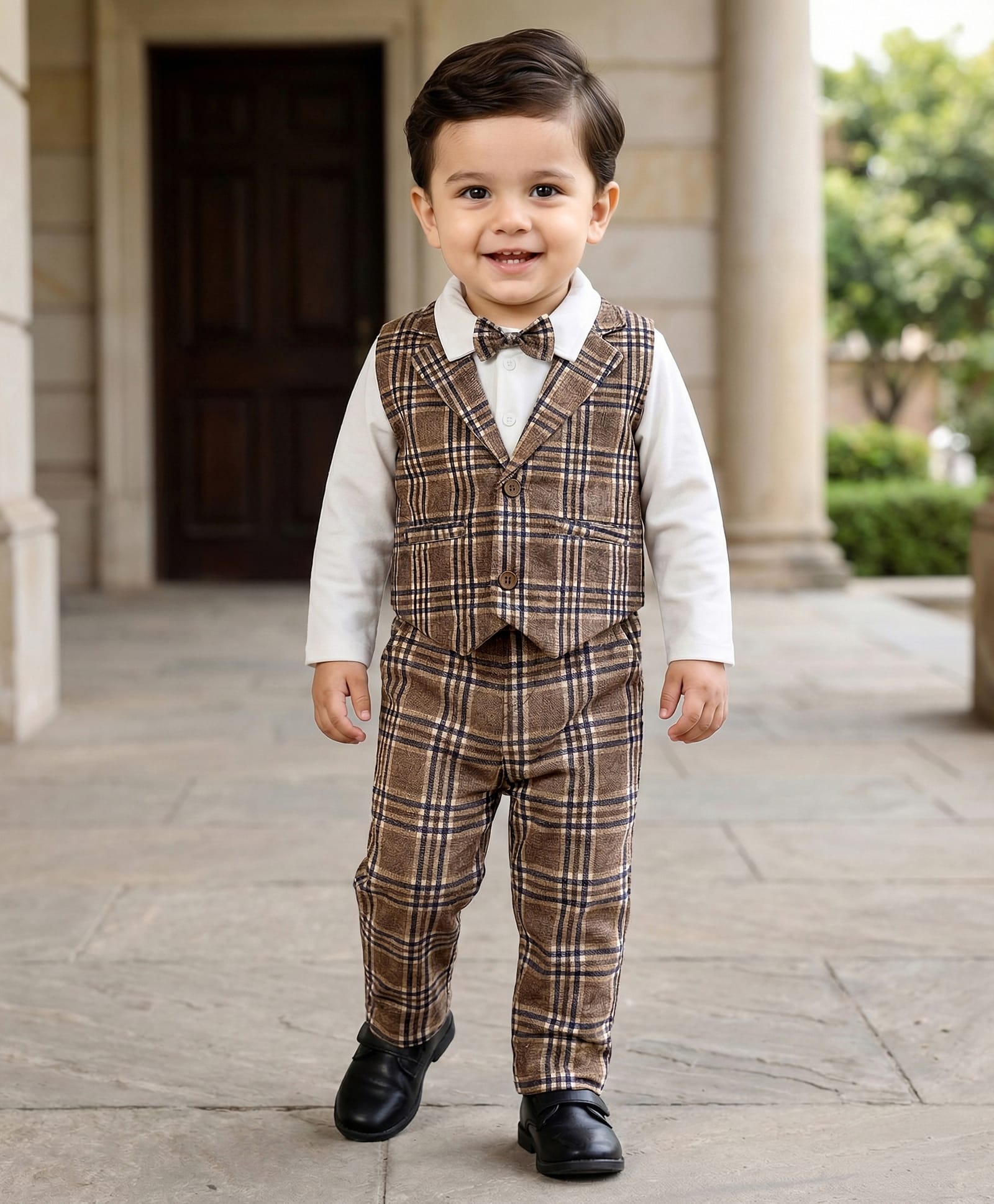 Babyhug Knit Full Sleeves Three Piece Party Suit Set with Checked Print & Bow Applique - Brown-image-39