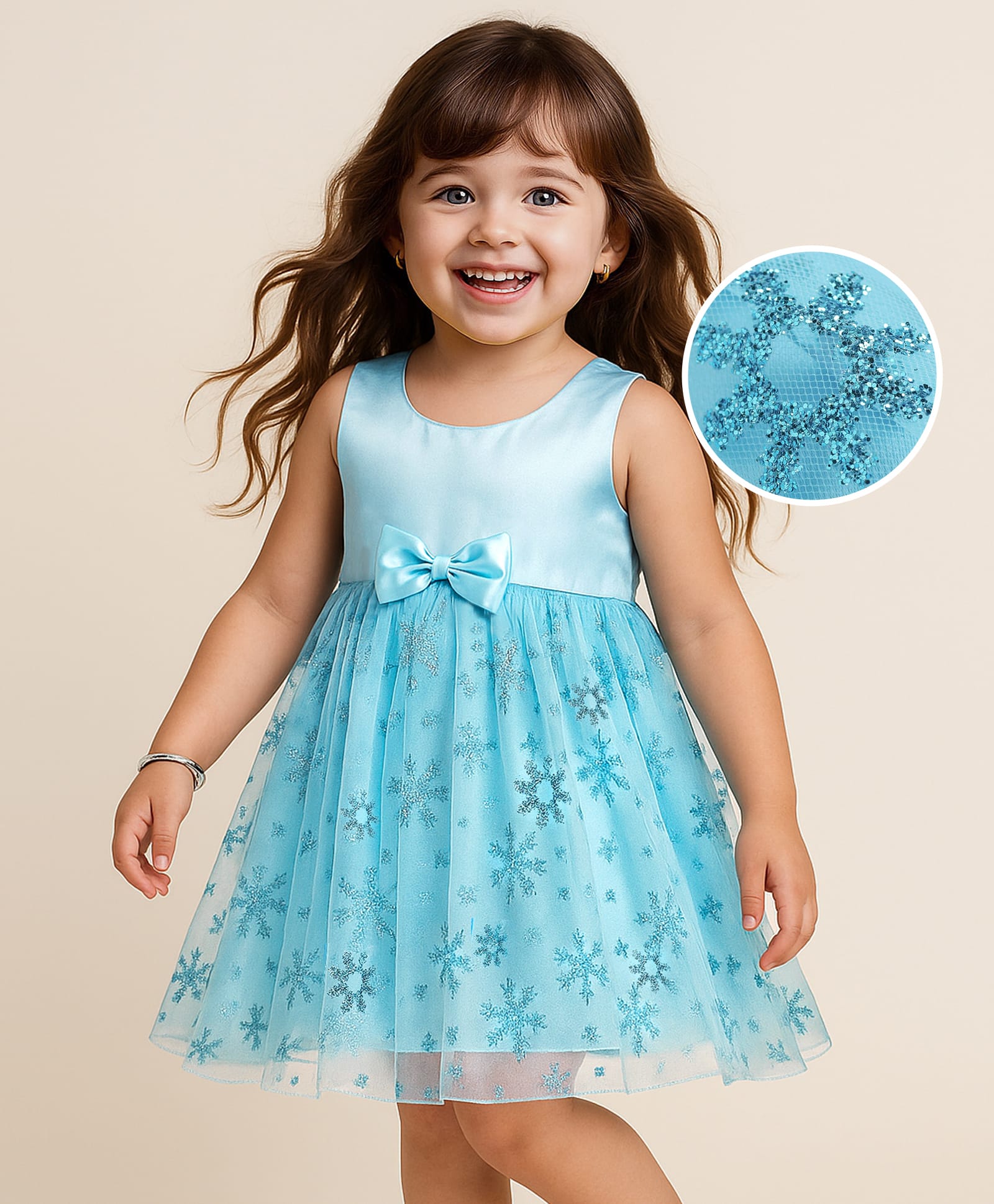 Babyhug Woven Sleeveless Frozen Theme Printed Dress With Bow - Light Blue-image-40