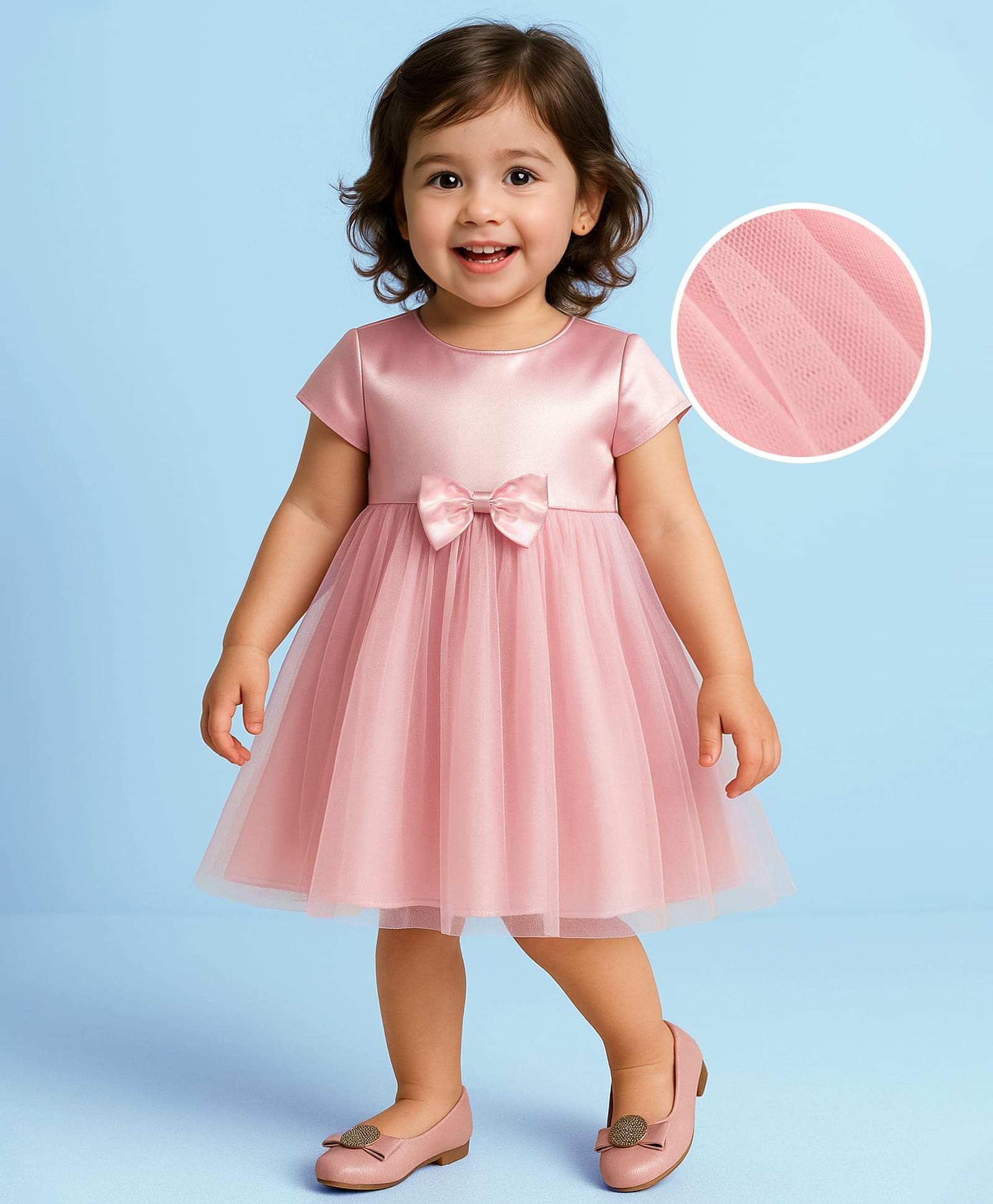 Babyhug Woven Cap Sleeves Solid Color Mesh Party Dress with Bow Applique - Pink-image-48