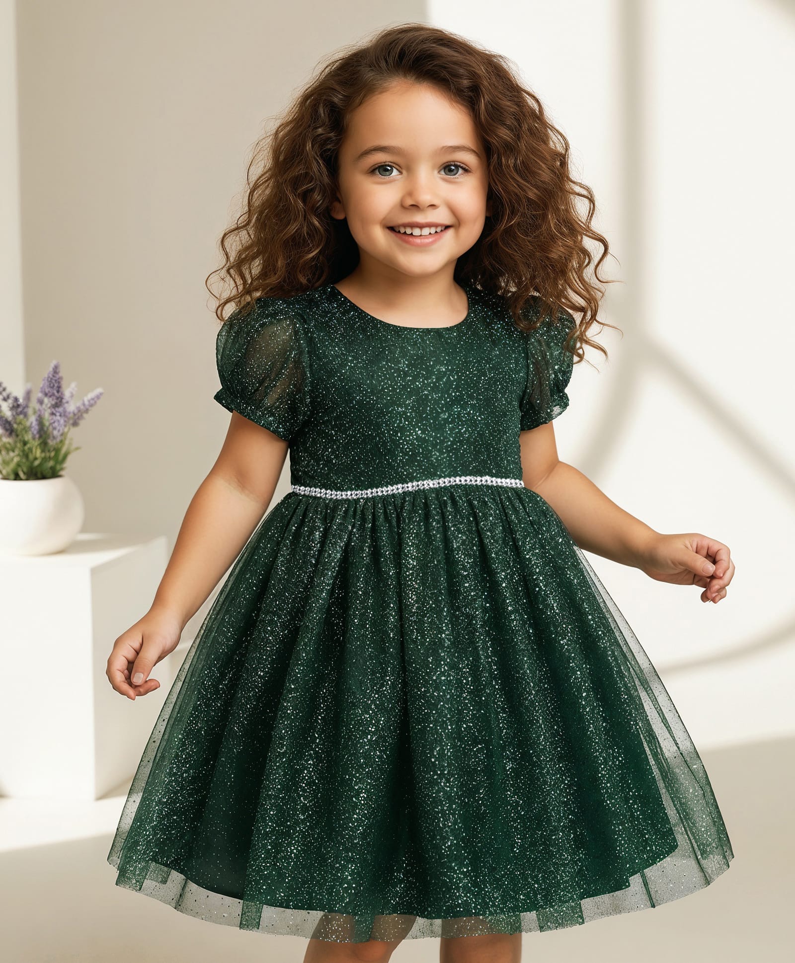Babyhug Woven Puffed Half Sleeves Flared Glitter Dress With Rhinestones detailing on Waist - Dark Green-image-9