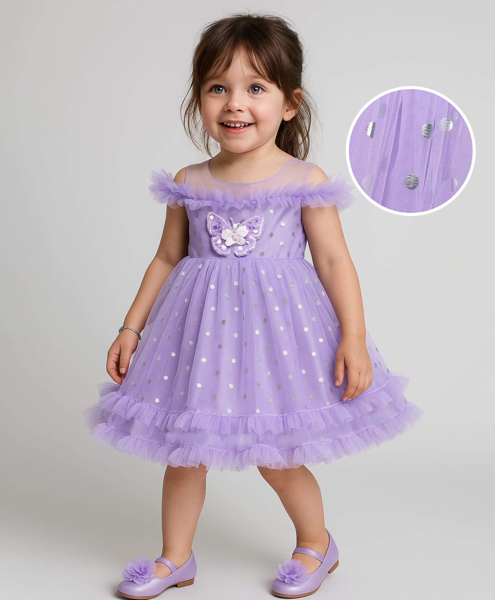Babyhug Woven Sleeveless Fit and Flare Ruffled Dress with Foil Print & Butterfly Applique - Lavender-image-0