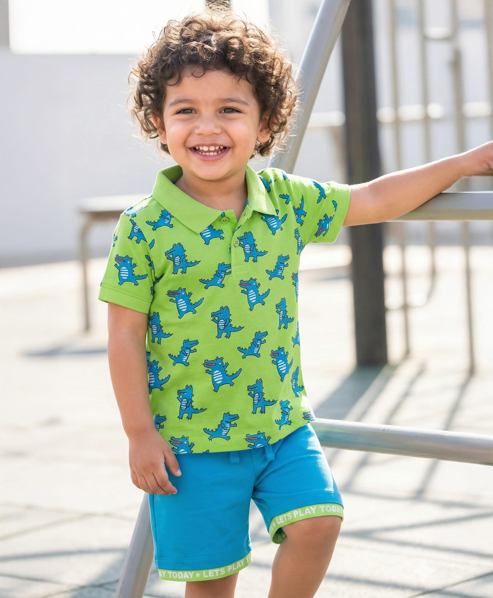 Babyhug Single Jersey Knit Half Sleeves Polo T-Shirt & Shorts Set with Crocodile Print - Blue & Light Green-image-28