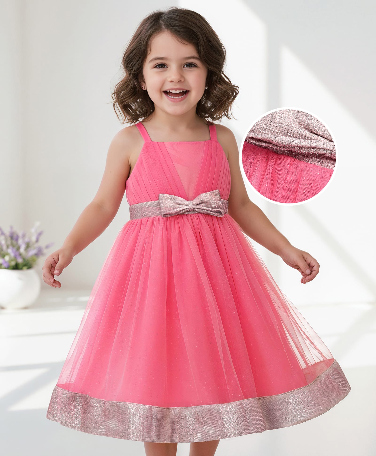 Babyhug Woven Sleeveless Fit & Flare Mesh Party Dress with Bow Applique & Glitter - Dark Pink-image-36