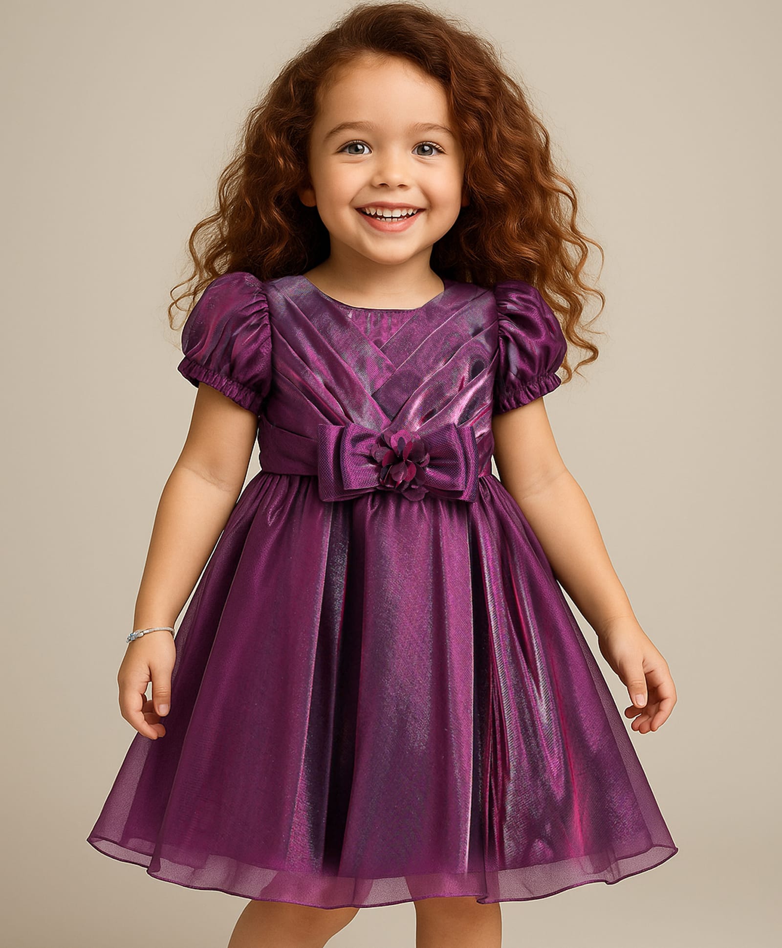 Babyhug Woven Puffed Sleeves Solid Colour Party Dress with Bow - Wine-image-26