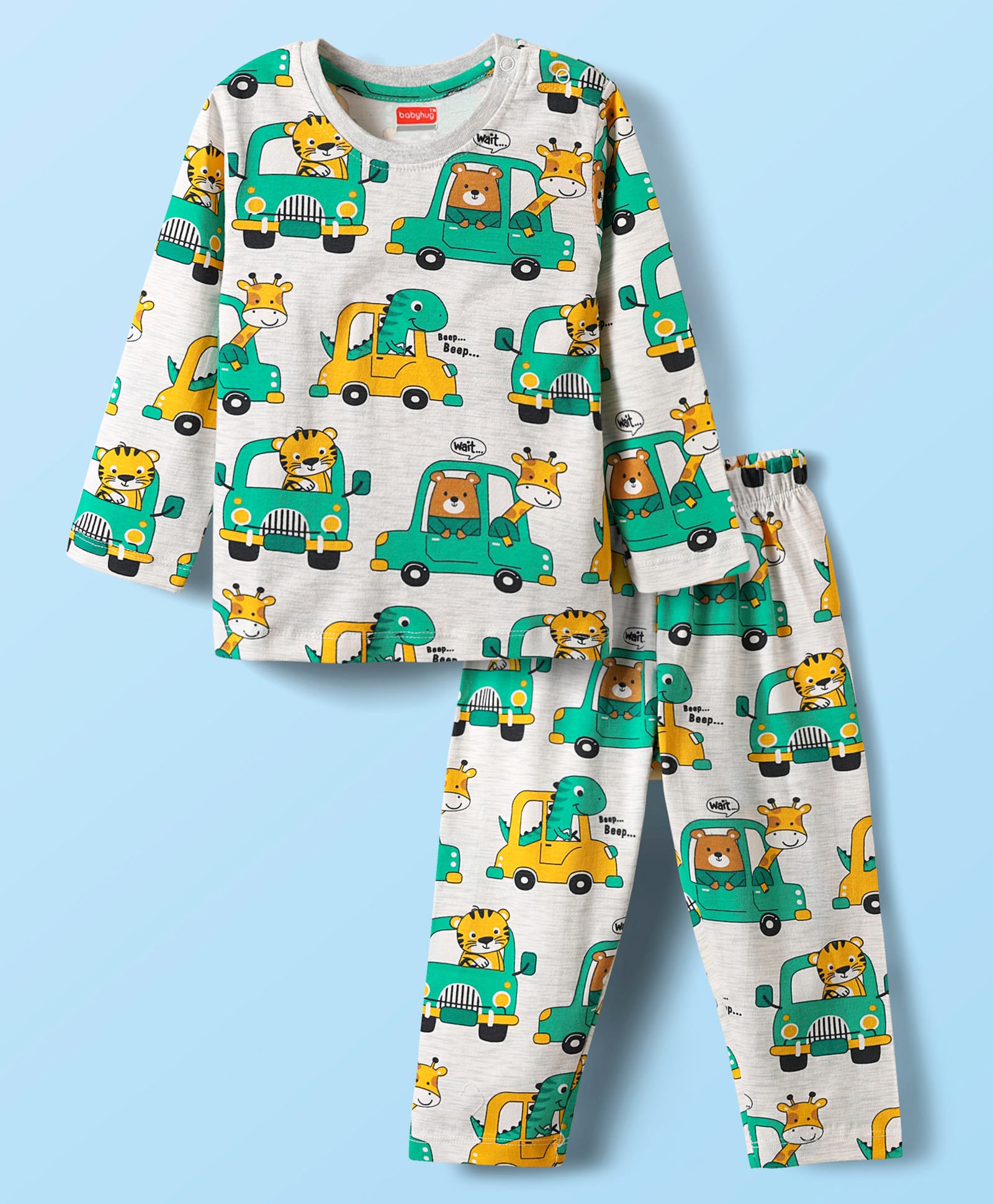 Babyhug Cotton Knit Full Sleeves Co-ords Night Suit With Vehicle Print - Grey-image-37