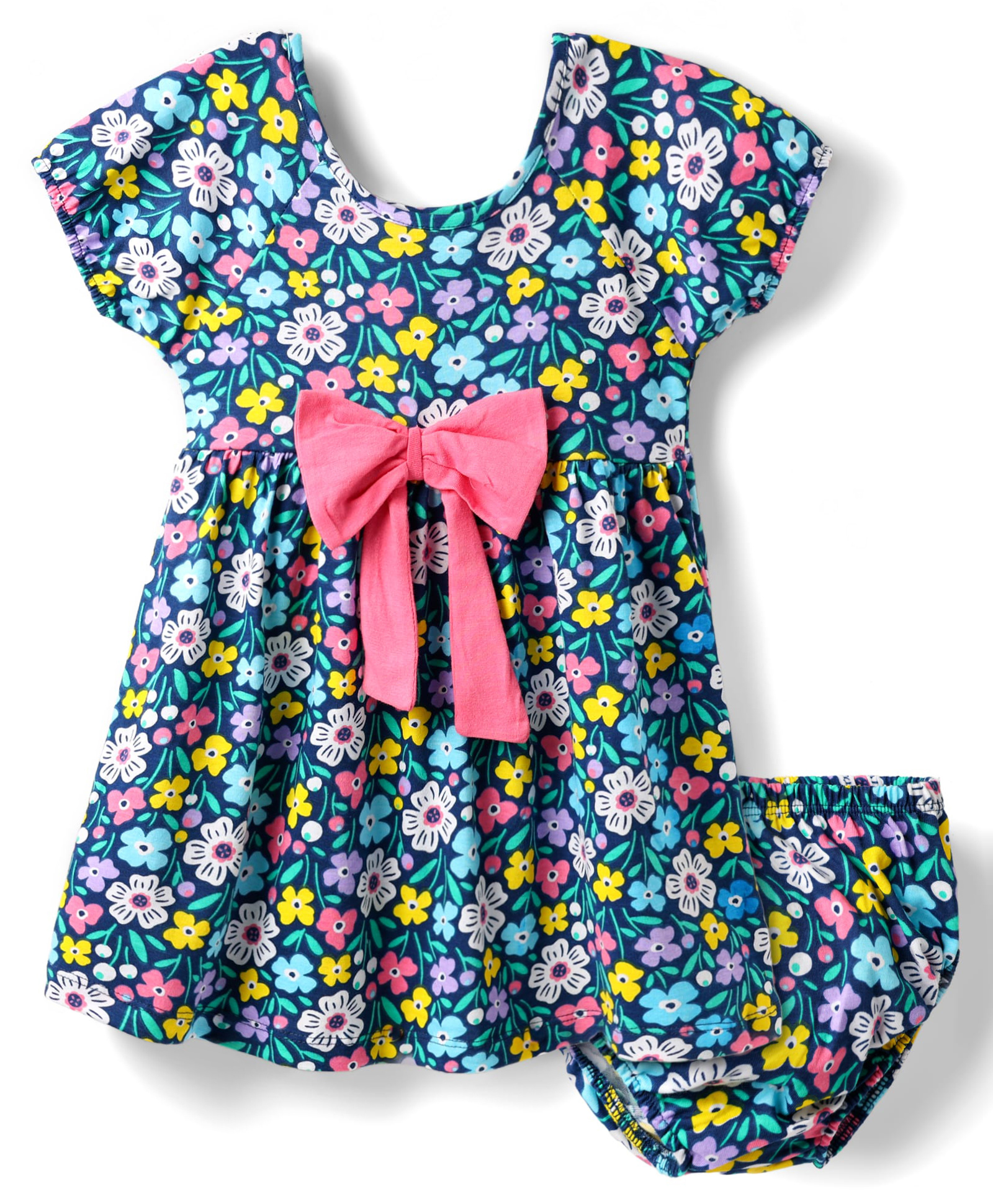 babyhug single jersey knit half sleeves frock & bloomer with floral print & bow applique - navy blue