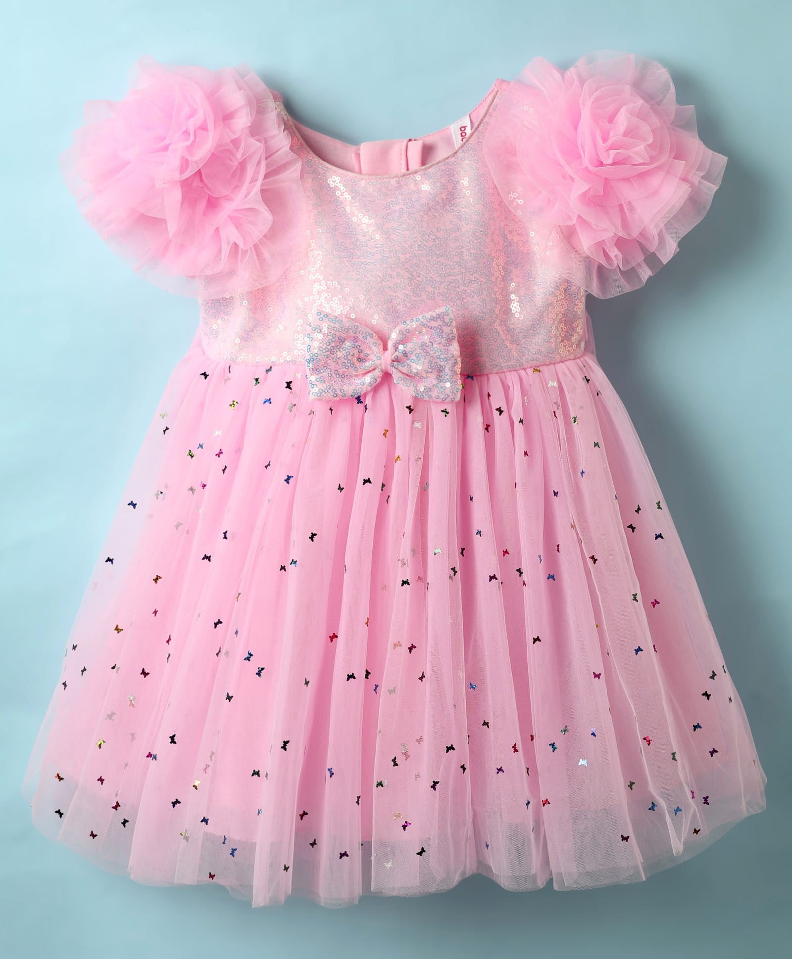 Babyhug Woven Frill Sleeves Sequinned Yoke Party Dress With Butterfly Glitter Print & Bow Applique - Pink-picture-27