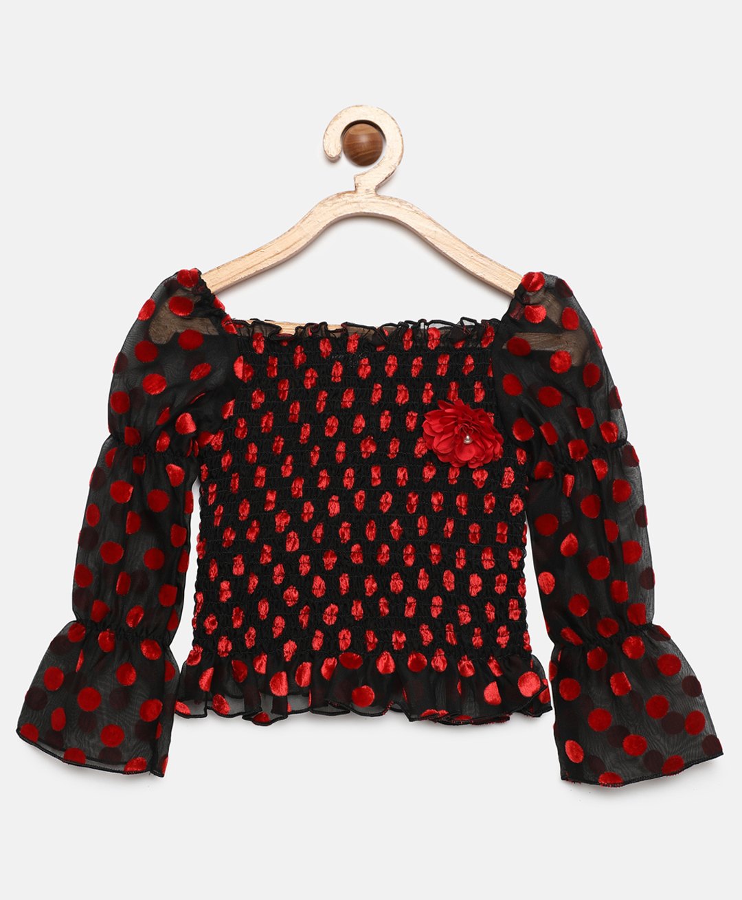 Actuel Off Shoulder Polka Dots Printed Top - Red & Black-image-39
