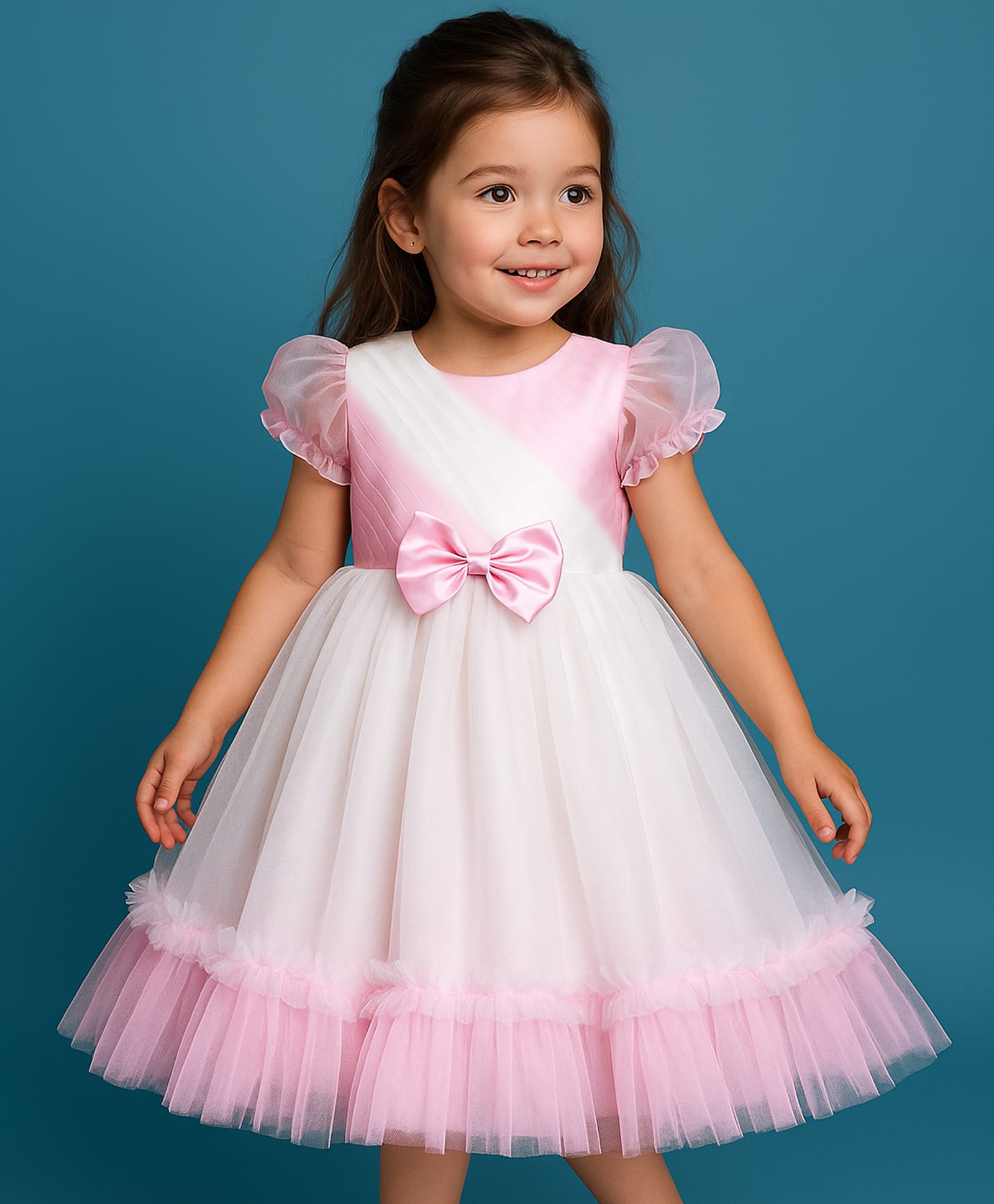 Babyhug Woven Half Puffed Sleeves Mesh Party Dress with Bow Applique - White & Pink-image-17