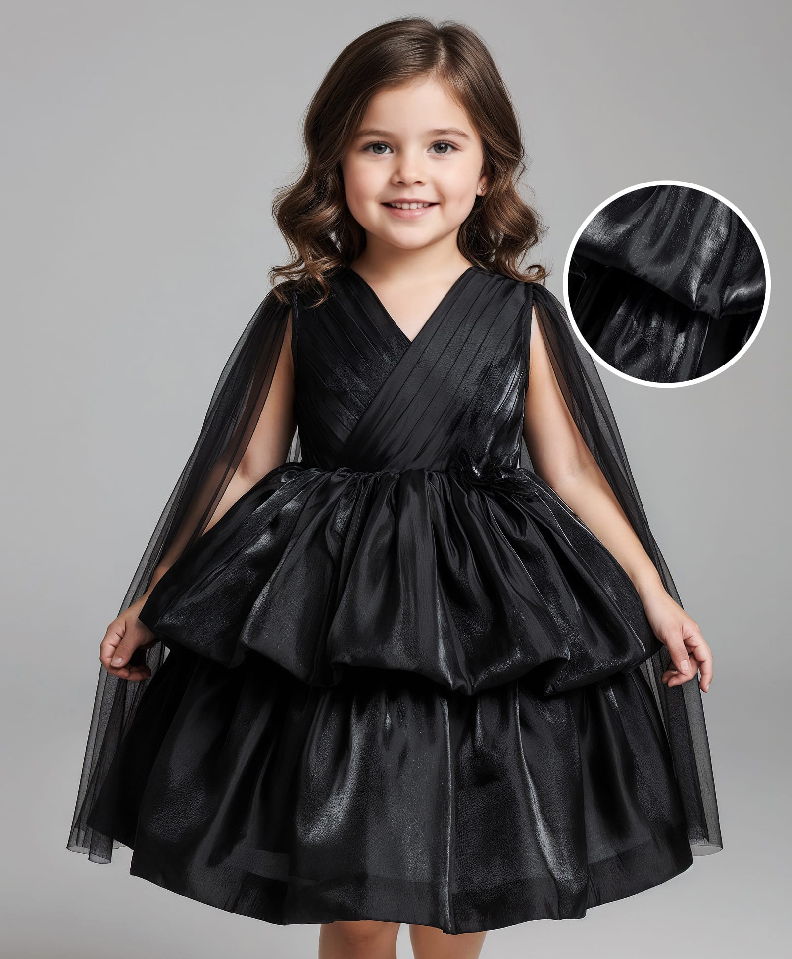 Babyhug Woven Full Cape Sleeves Tiered Party Dress With Floral Corsage & Pin Tuck Detailing - Black-image-4
