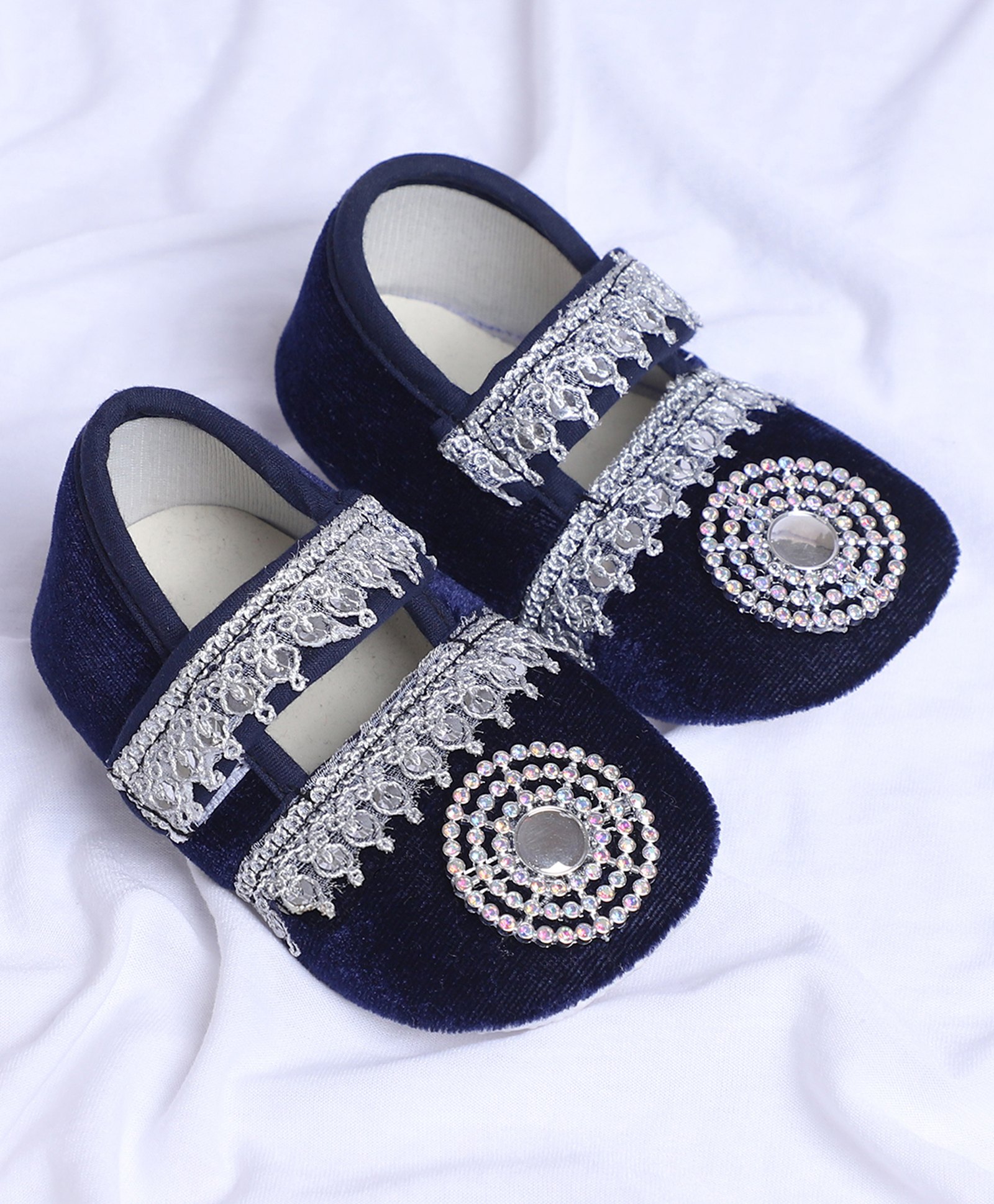 Coco Candy Stones & Lace Embellished Velcro Closure Booties - Navy Blue-picture-0
