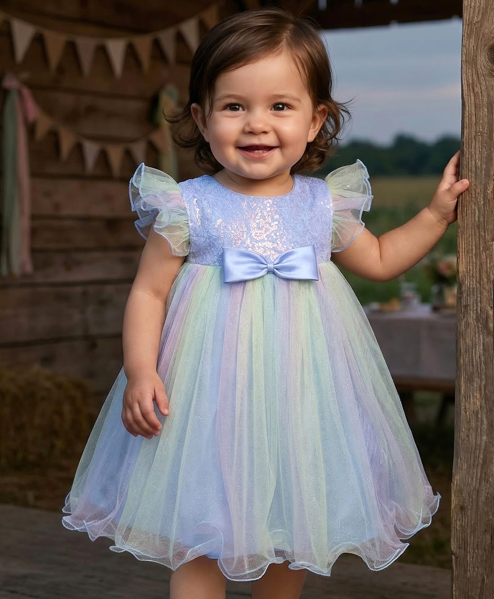 Babyhug Woven Frill Sleeves Mesh Party Dress with Sequin Detailing & Bow Applique - Light Blue-picture-26