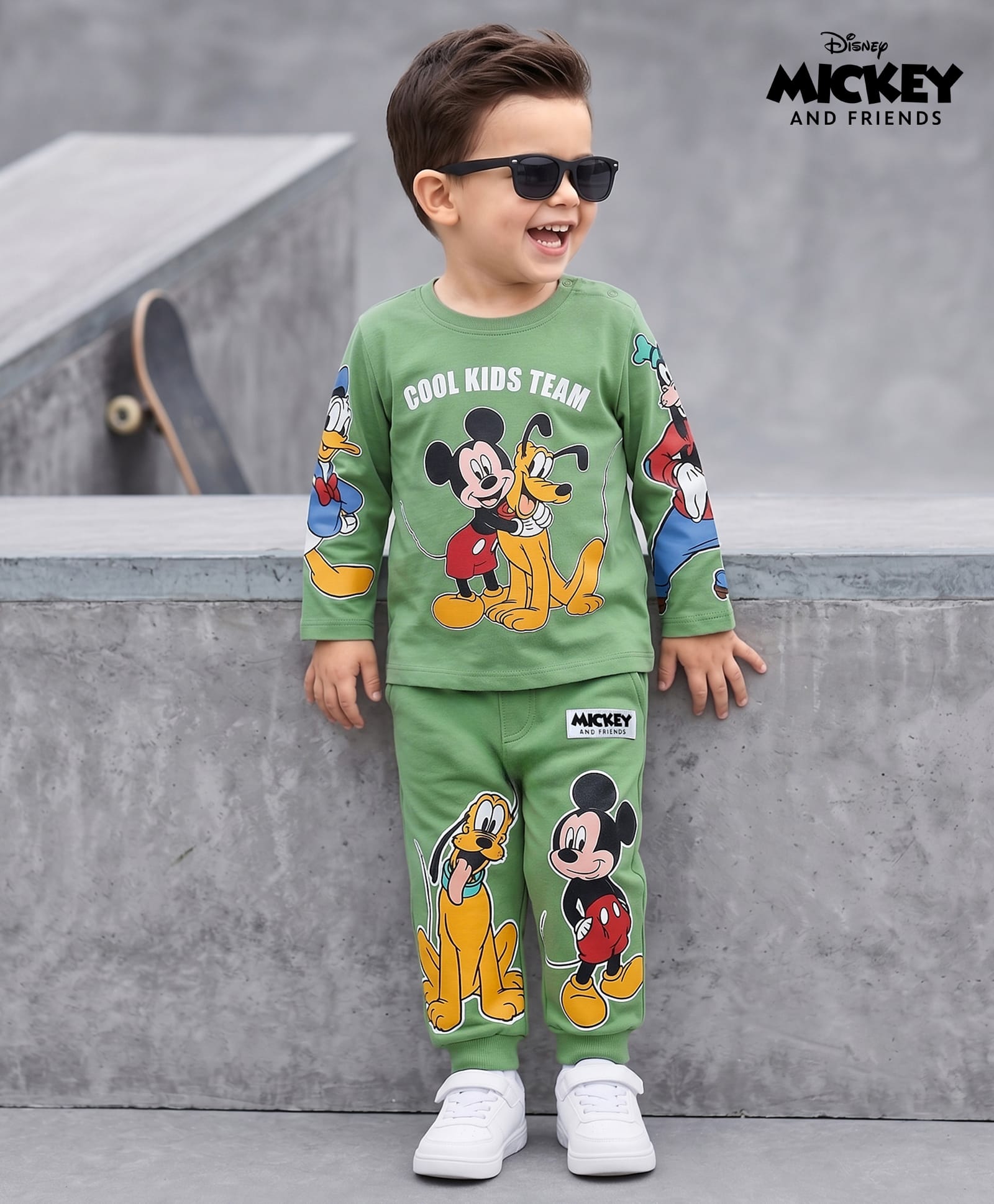 Babyhug Disney Single Jersey Knit Full Sleeve Oversize Drop Shoulder T-Shirt And Joggers With Mickey & Friends Graphics - Olive Green-image-43