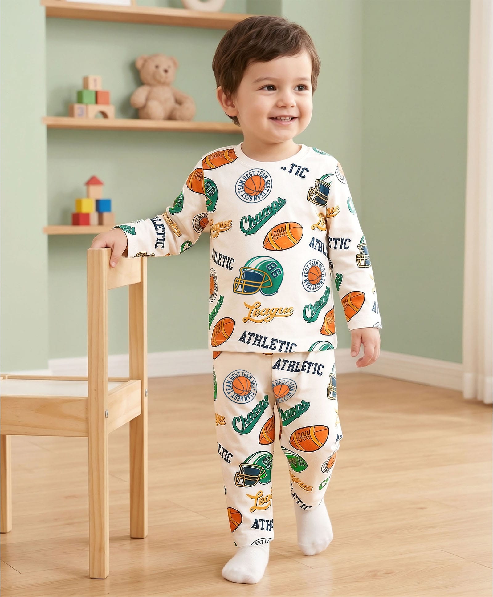 Babyhug Cotton Knit Full Sleeves Co-Ord Night Suit With Sports Theme Print - Multi Colour-image-24