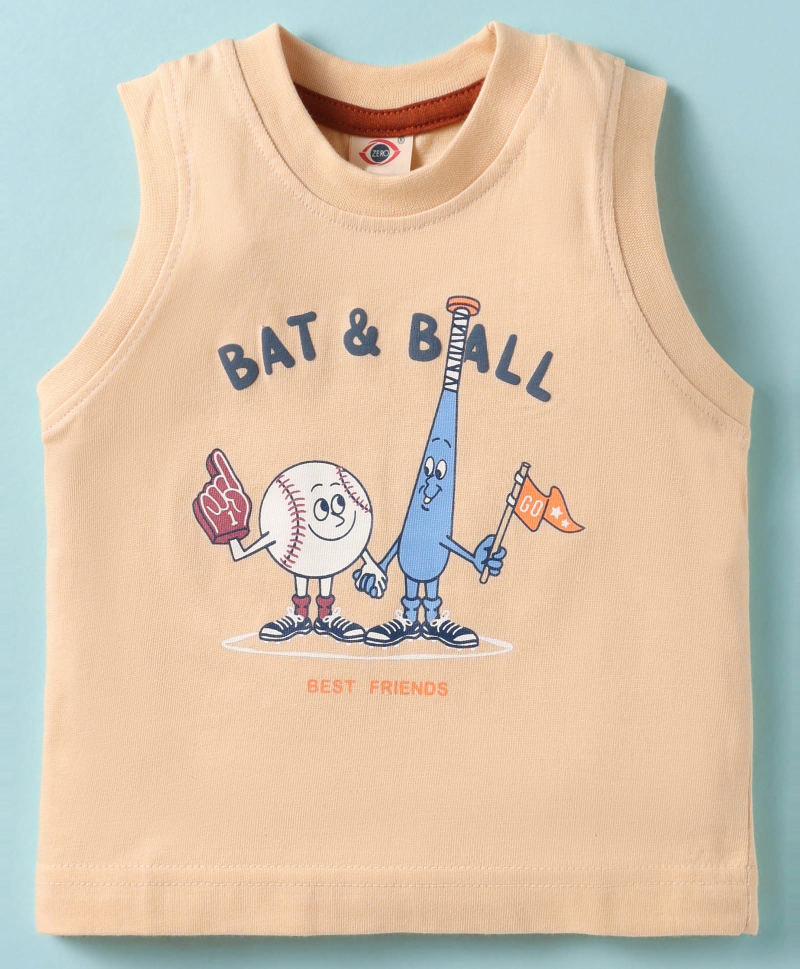 Zero Sinker Knit Sleeveless Vest With Bat & Ball Text Print - Peach-picture-22