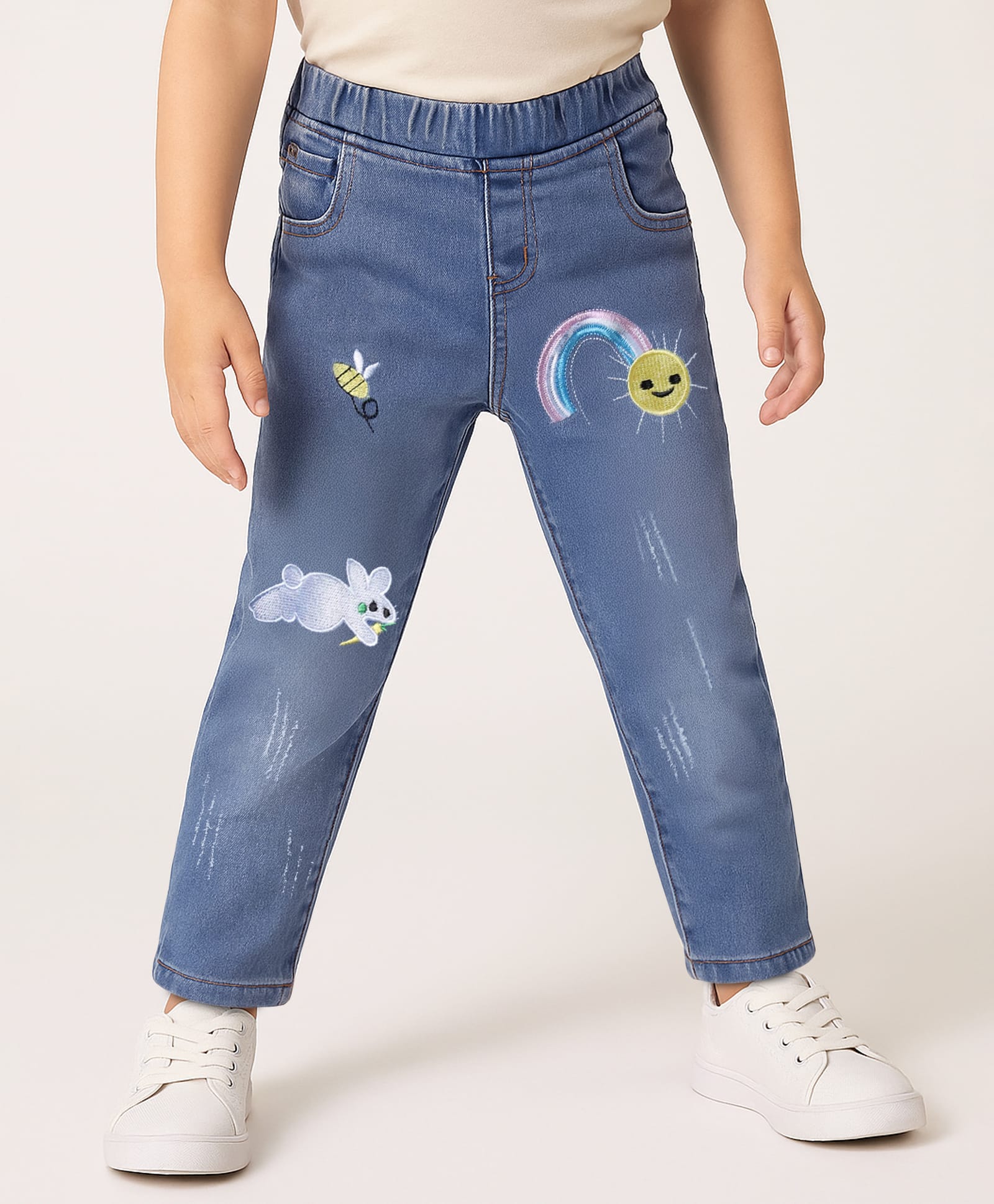 Mark & Mia Cotton Lycra Denim Full Length Jeans With Tearing & Embroidery Detailing - Light Blue-image-47