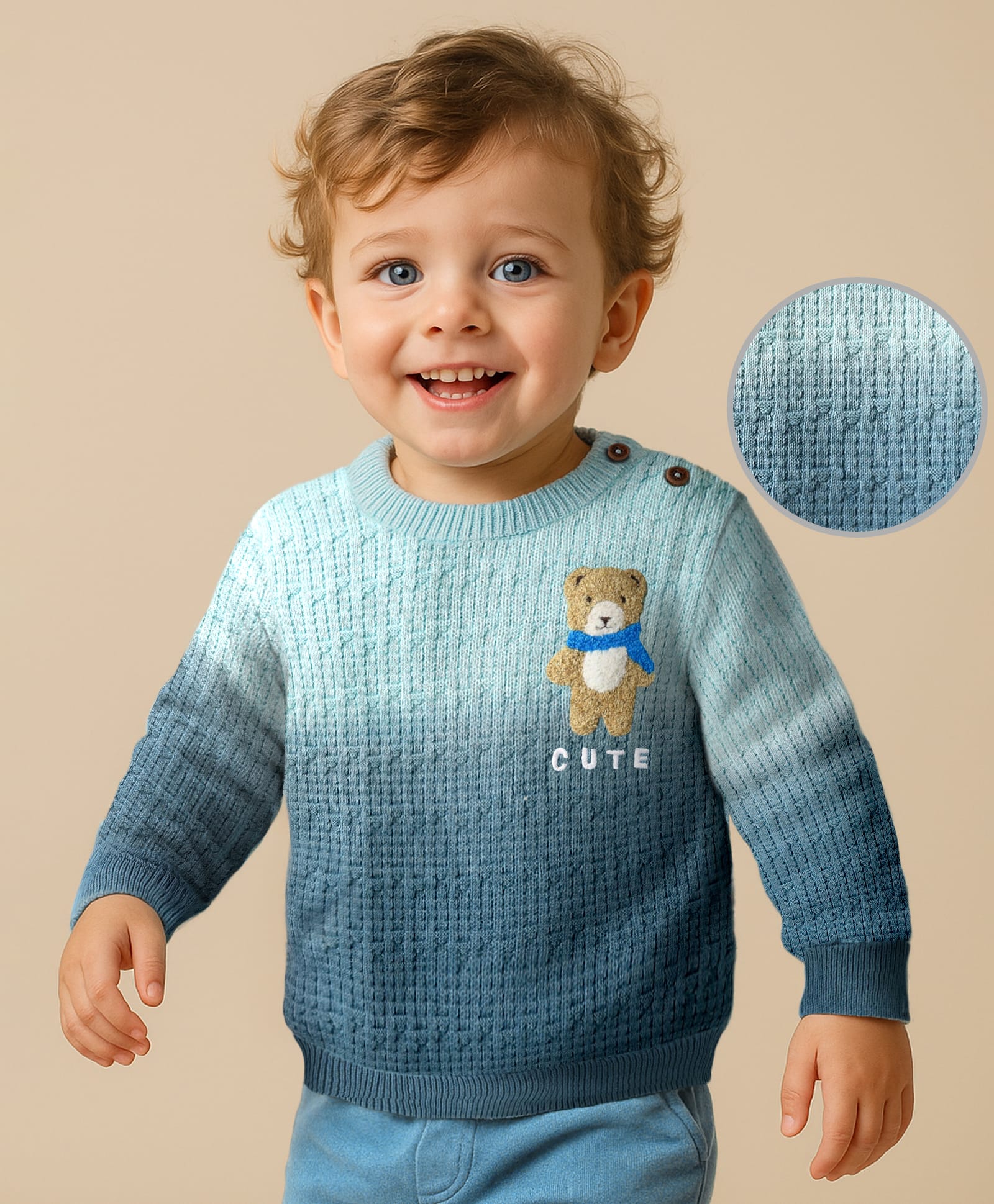 Babyoye 100% Cotton Knit Full Sleeves Pullover with Bear Embroidery - Light Blue-image-6