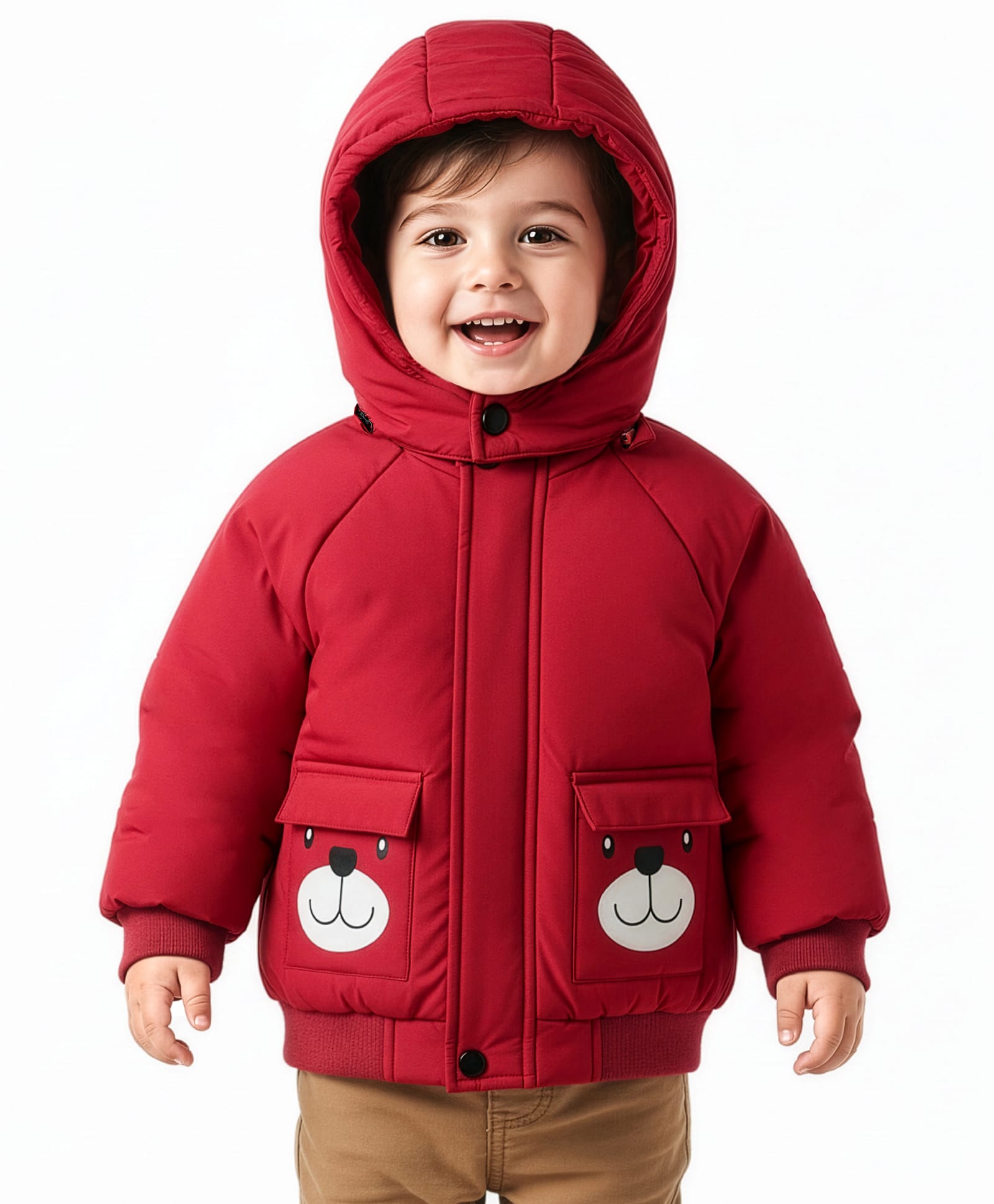 Babyoye Knit Full Raglan Sleeves Hooded Jacket with Bear Print & Pocket - Red-image-21