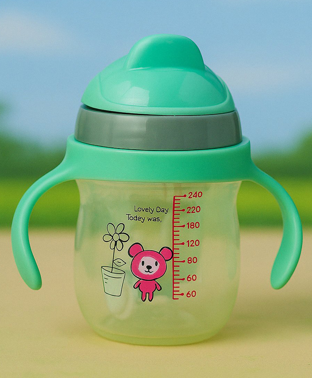 Badal Kidz Flap Baby Silicone Straw Sipper With Handle Spill Proof Sipper - 240ml - Green-image-35