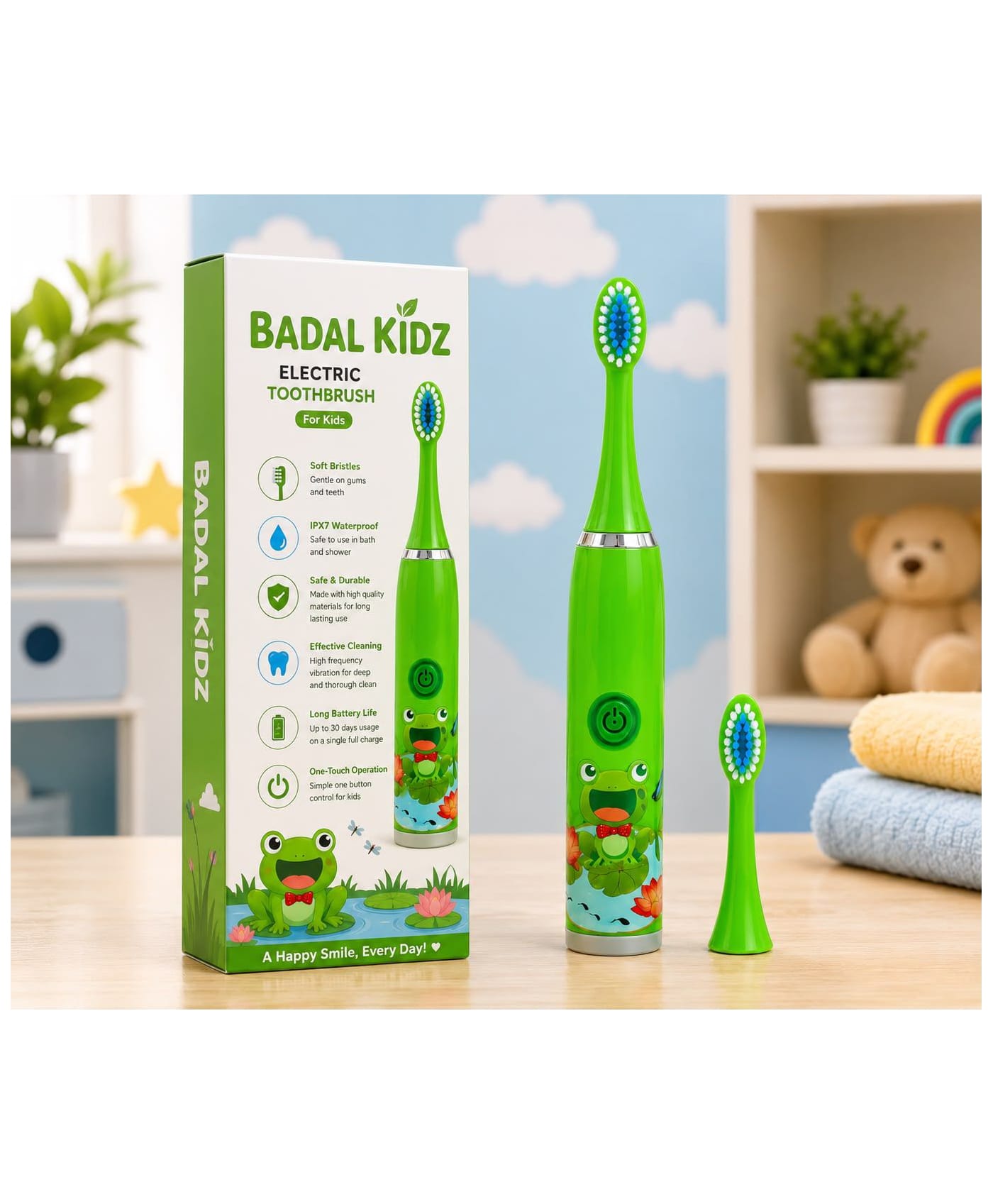 Badal kidz children's electric toothbrush with cartoon characters, soft bristles battery operated kids cartoonic - green