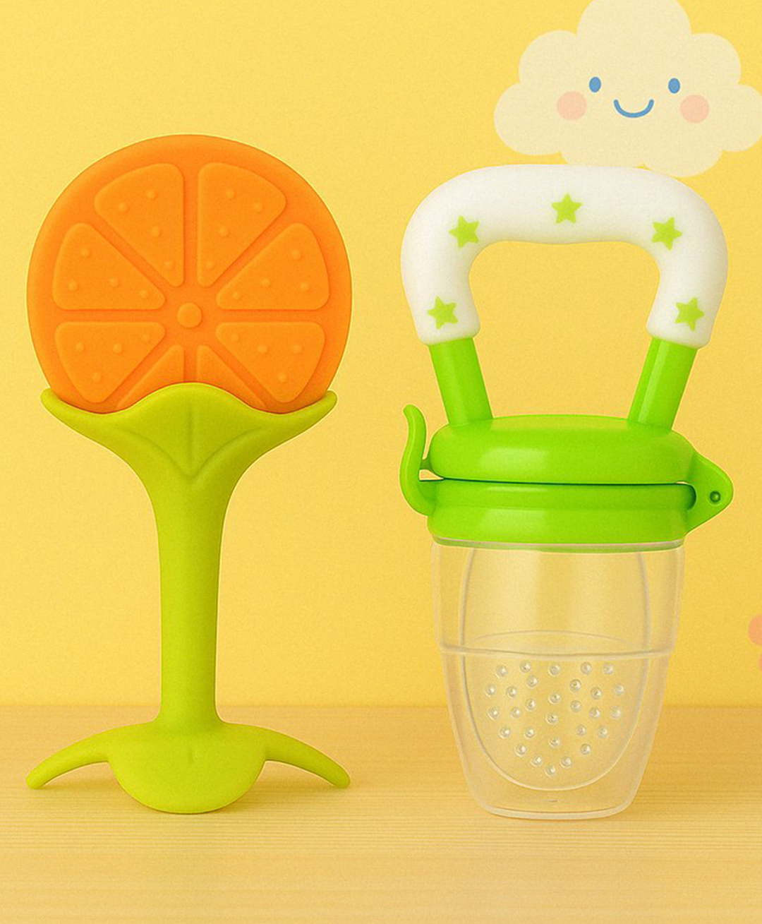 Badal Kidz Bpa Free 100 % Silicone Fruit Shape Teether And Fruit Feeder - Orange & Green (Pack Of 2)-image-16